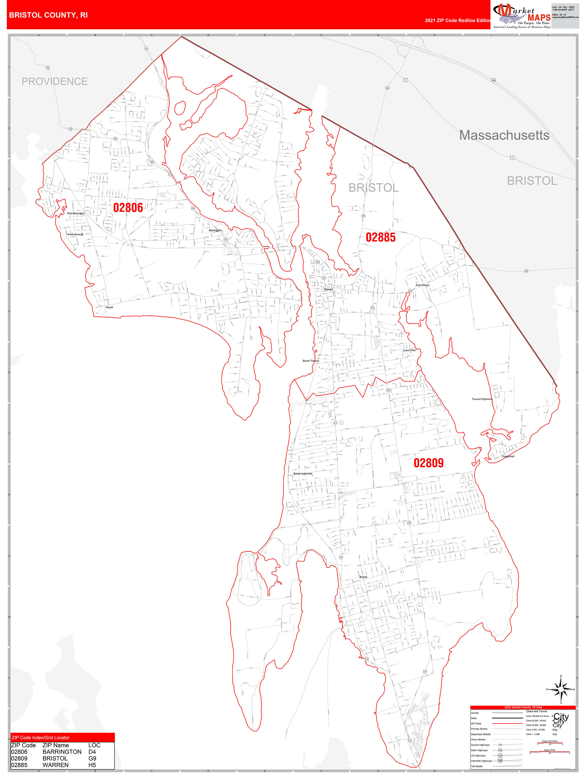 Bristol County Ri Zip Code Wall Map Red Line Style By Marketmaps