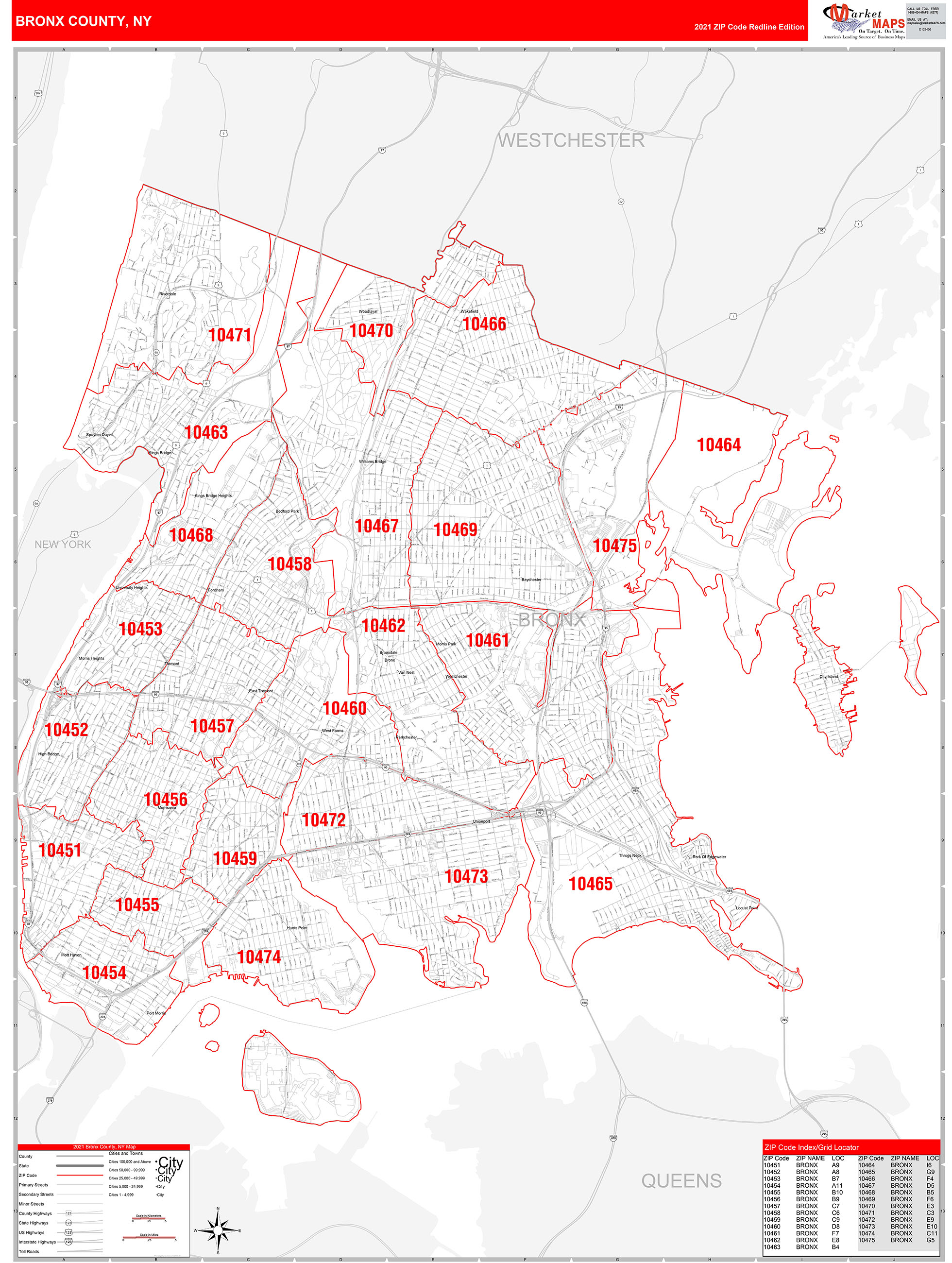 Bronx County, NY Zip Code Wall Map Red Line Style by MarketMAPS MapSales