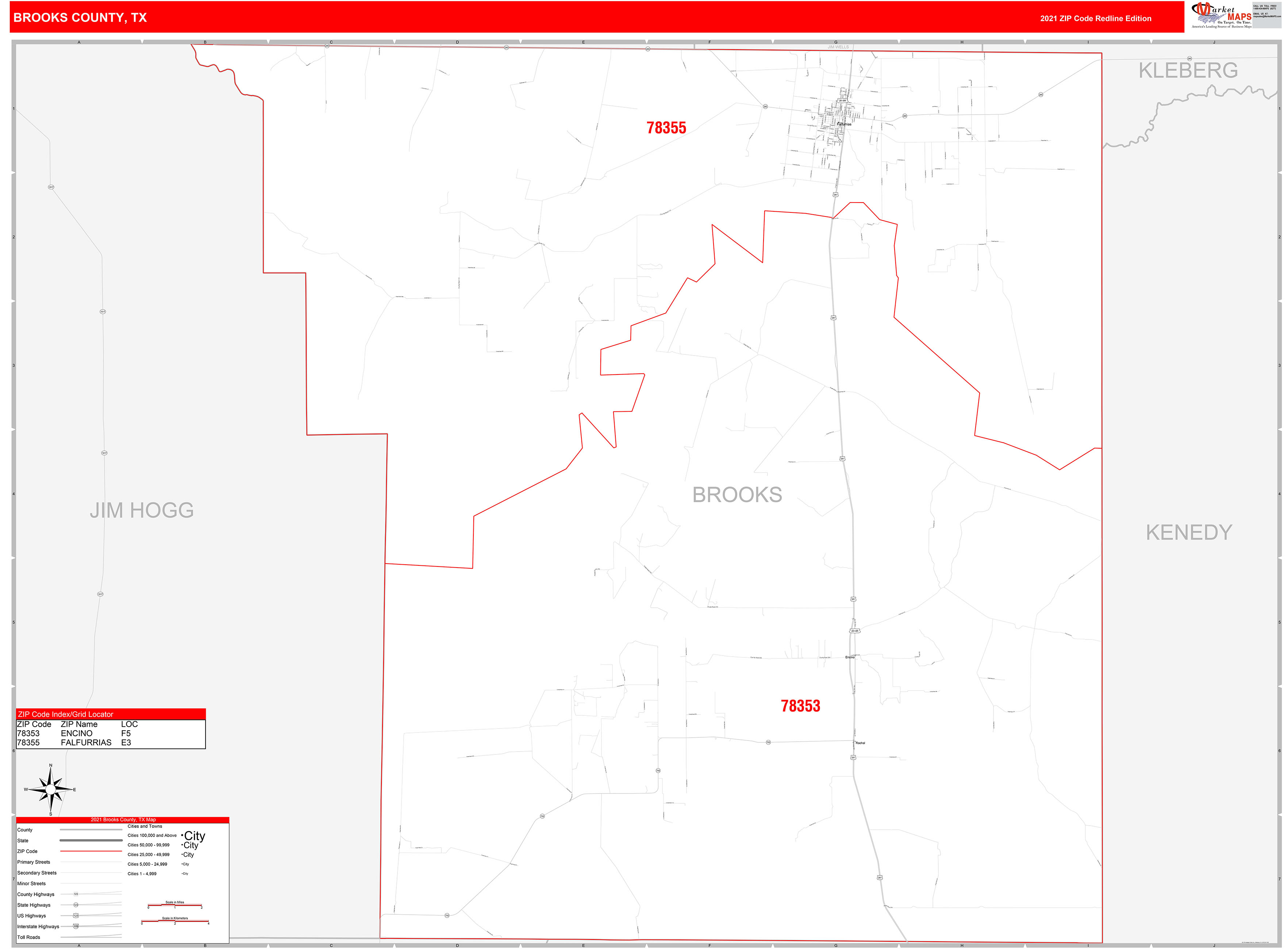 Brooks County, TX Zip Code Wall Map Red Line Style by MarketMAPS MapSales