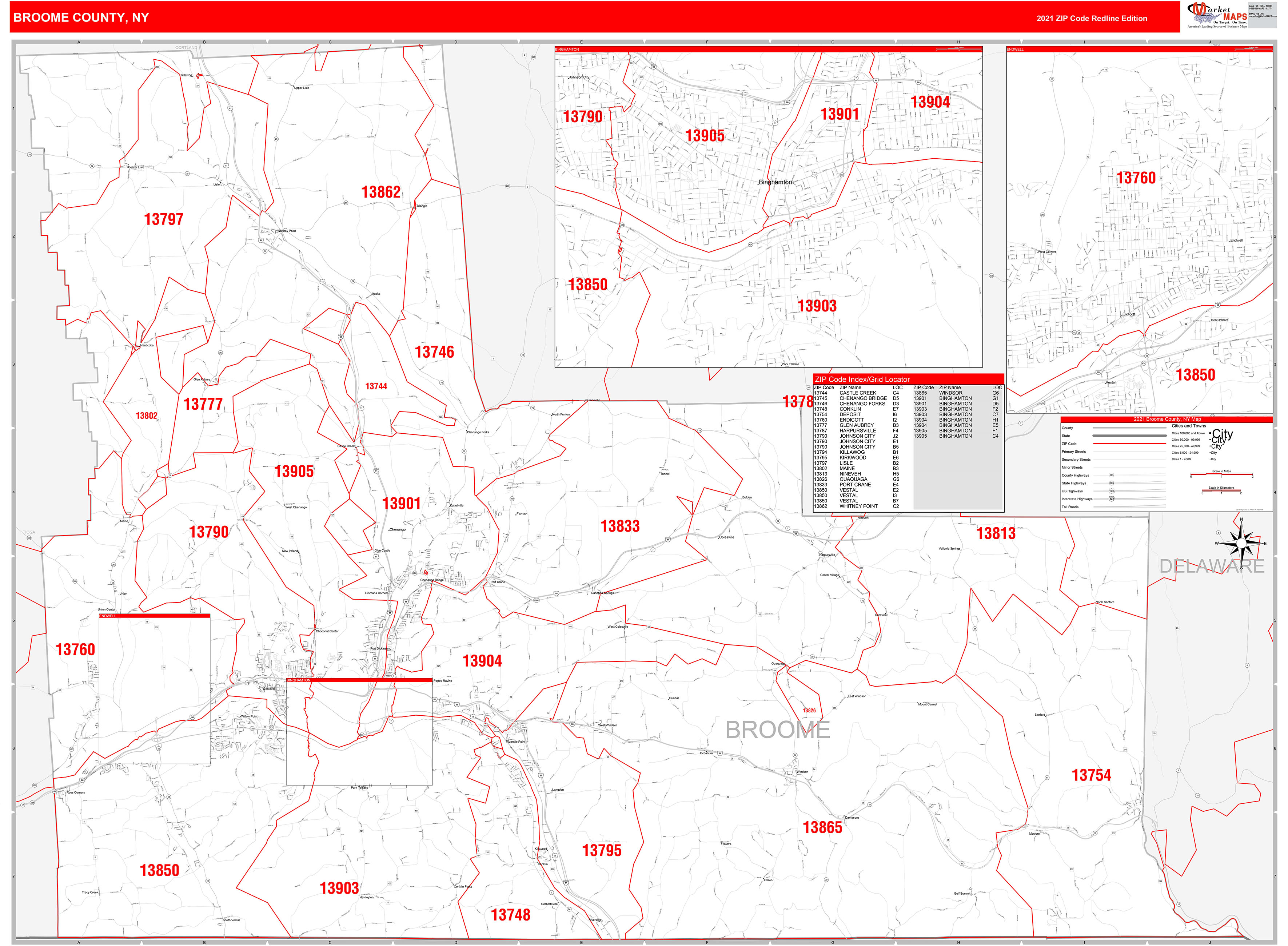Broome County, NY Zip Code Wall Map Red Line Style by MarketMAPS