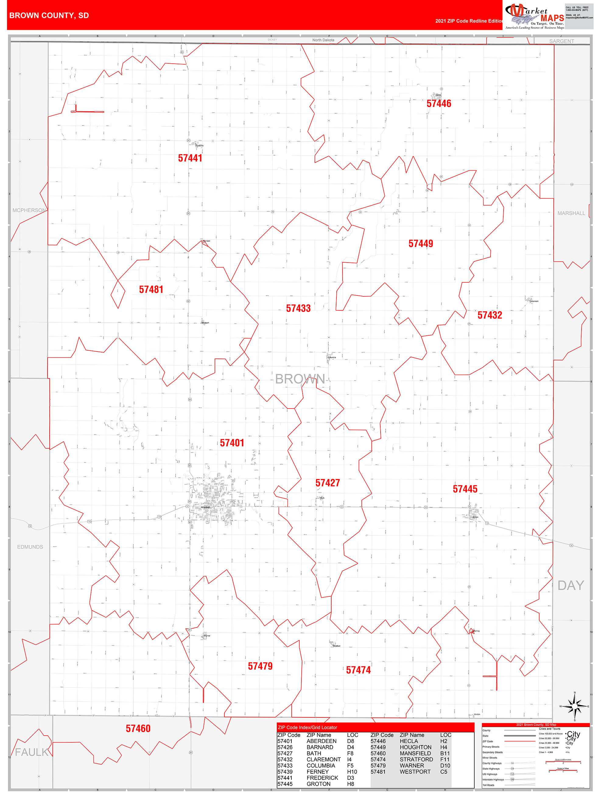 Brown County, SD Zip Code Wall Map Red Line Style by MarketMAPS