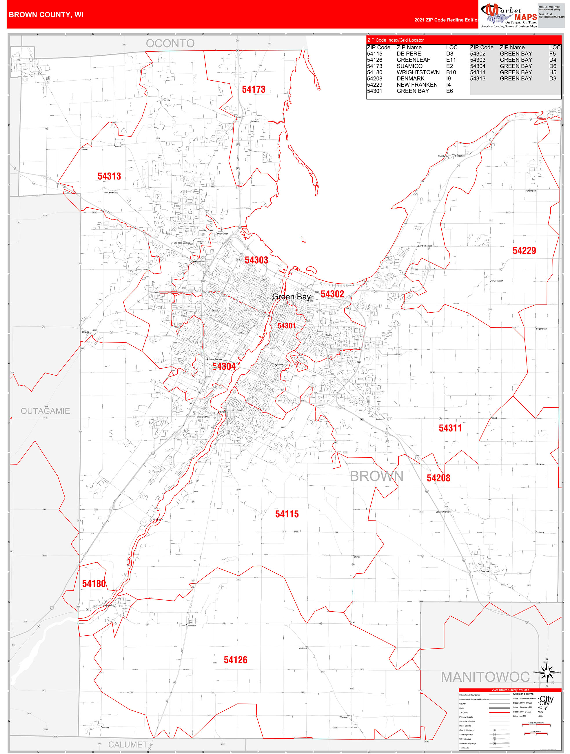 Brown County, WI Zip Code Wall Map Red Line Style by MarketMAPS