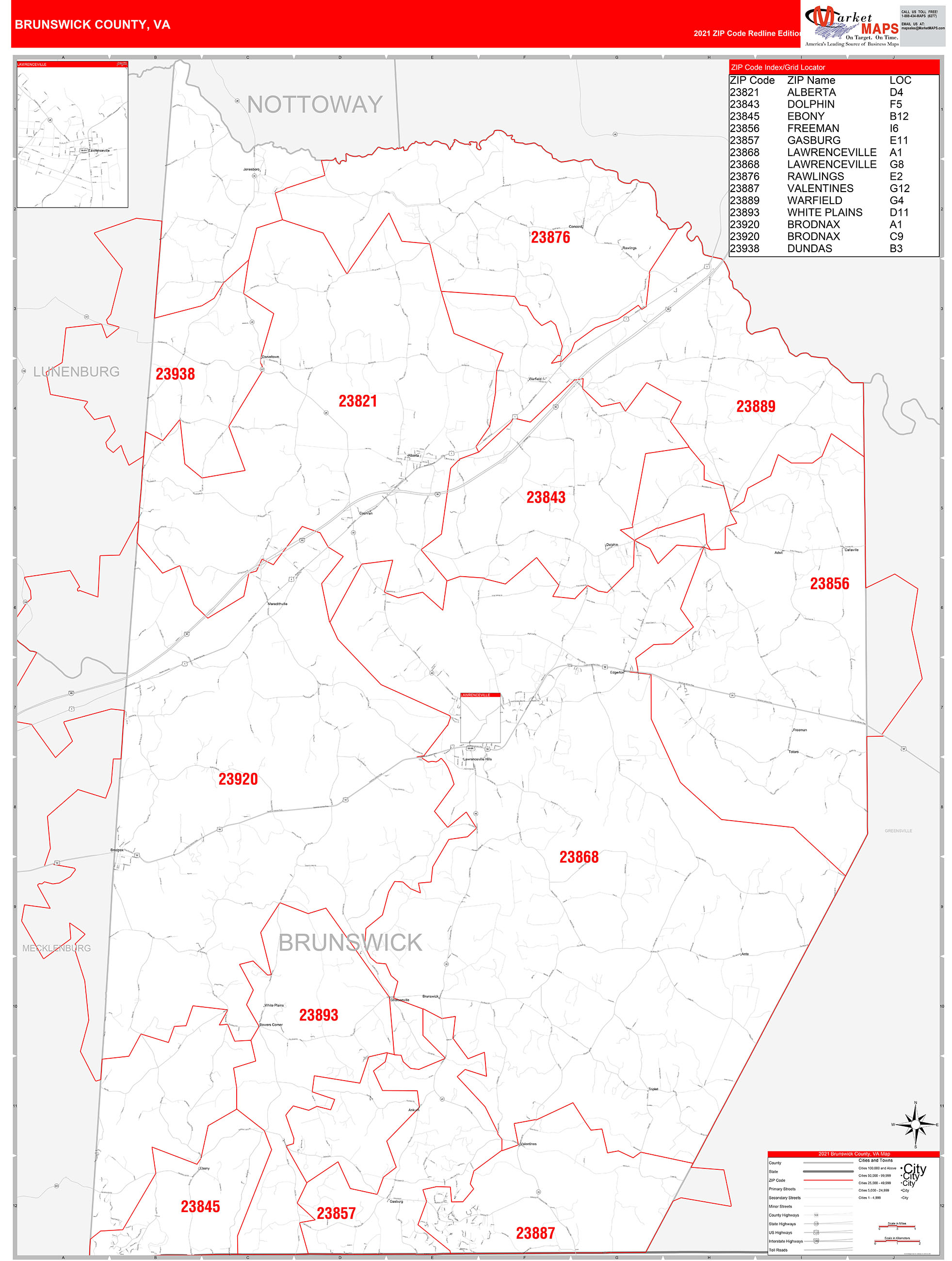 Brunswick County, VA Zip Code Wall Map Red Line Style by MarketMAPS