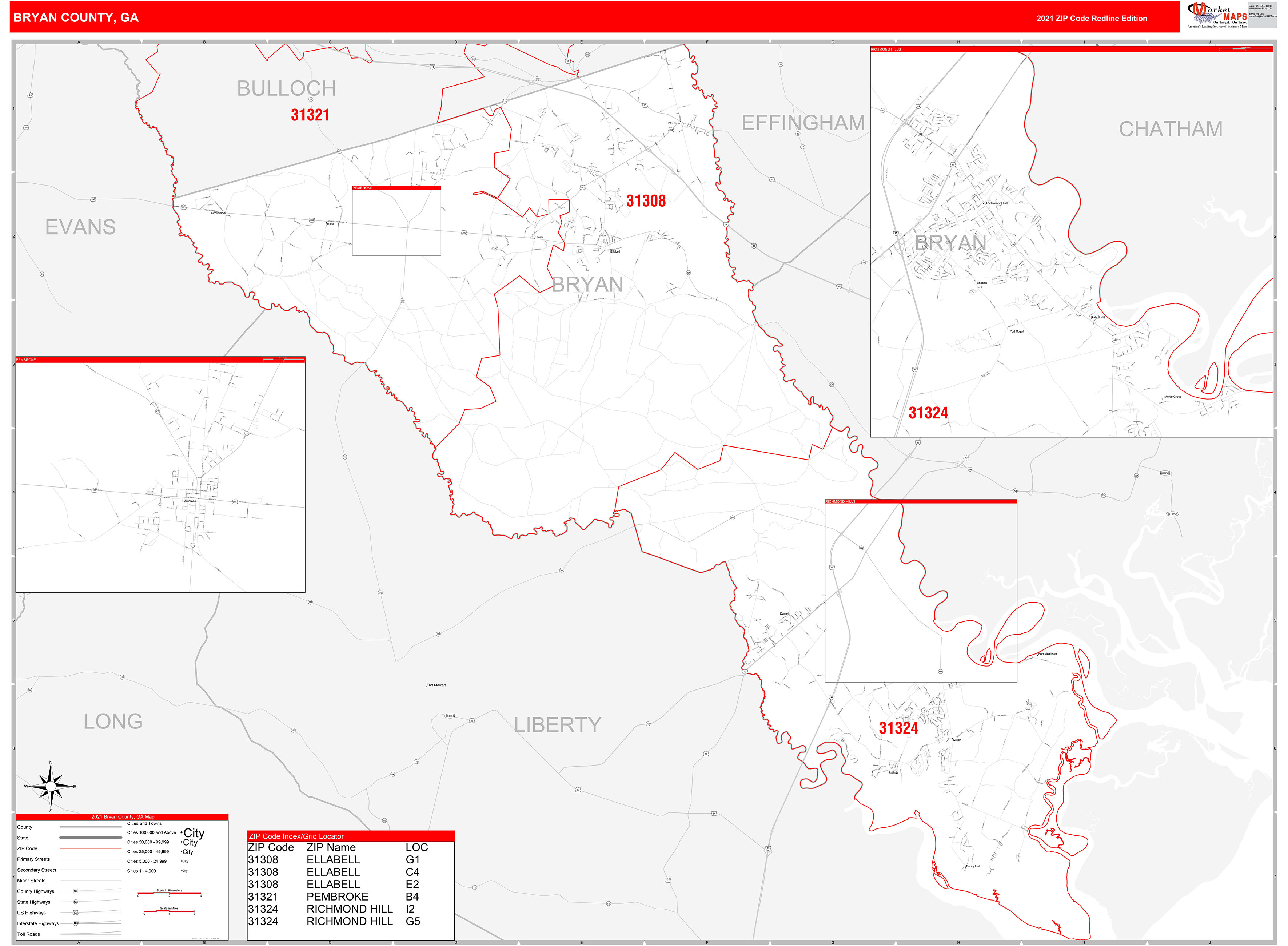 Bryan County, GA Zip Code Wall Map Red Line Style by MarketMAPS MapSales