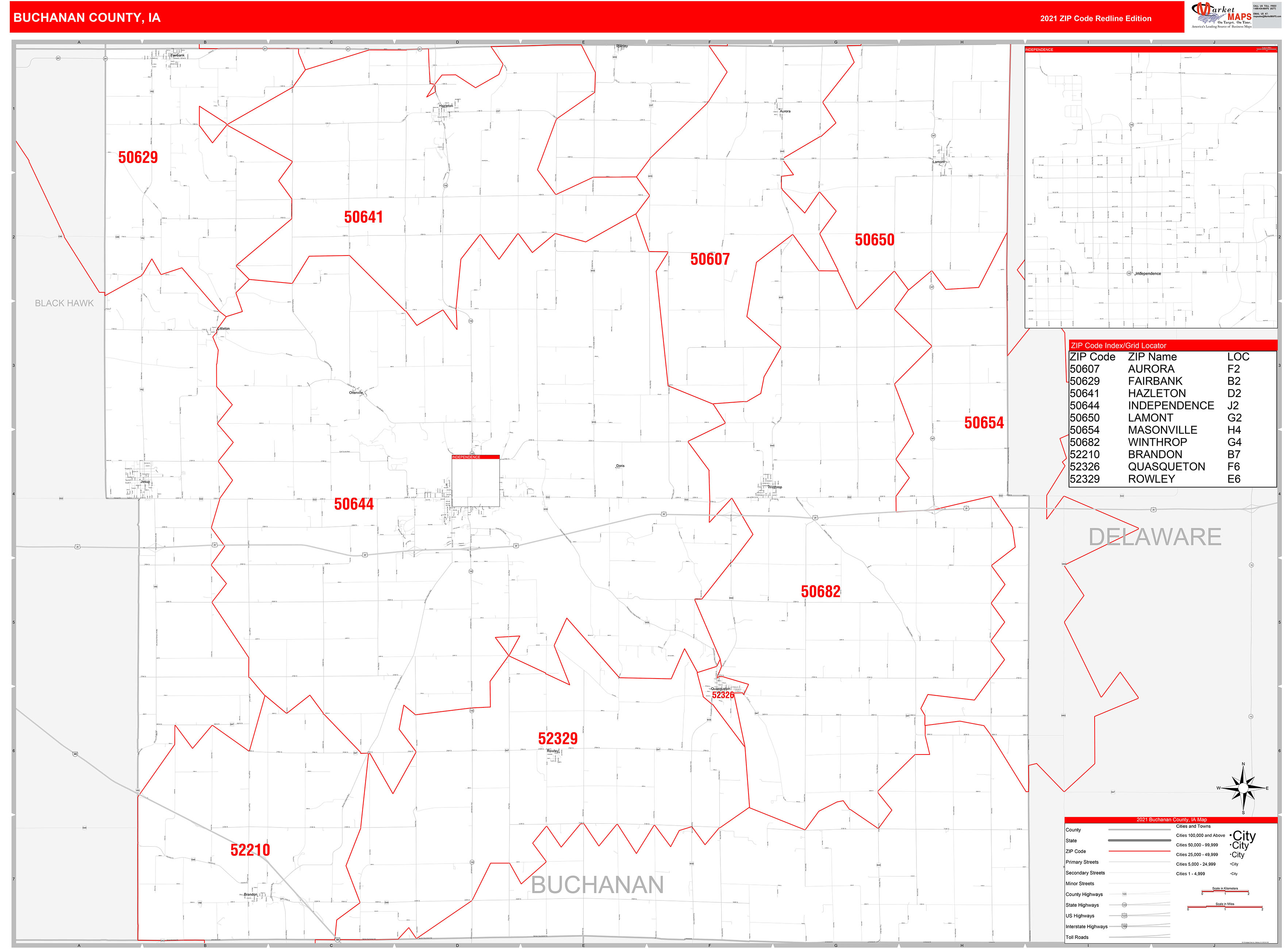 Buchanan County, IA Zip Code Wall Map Red Line Style by MarketMAPS
