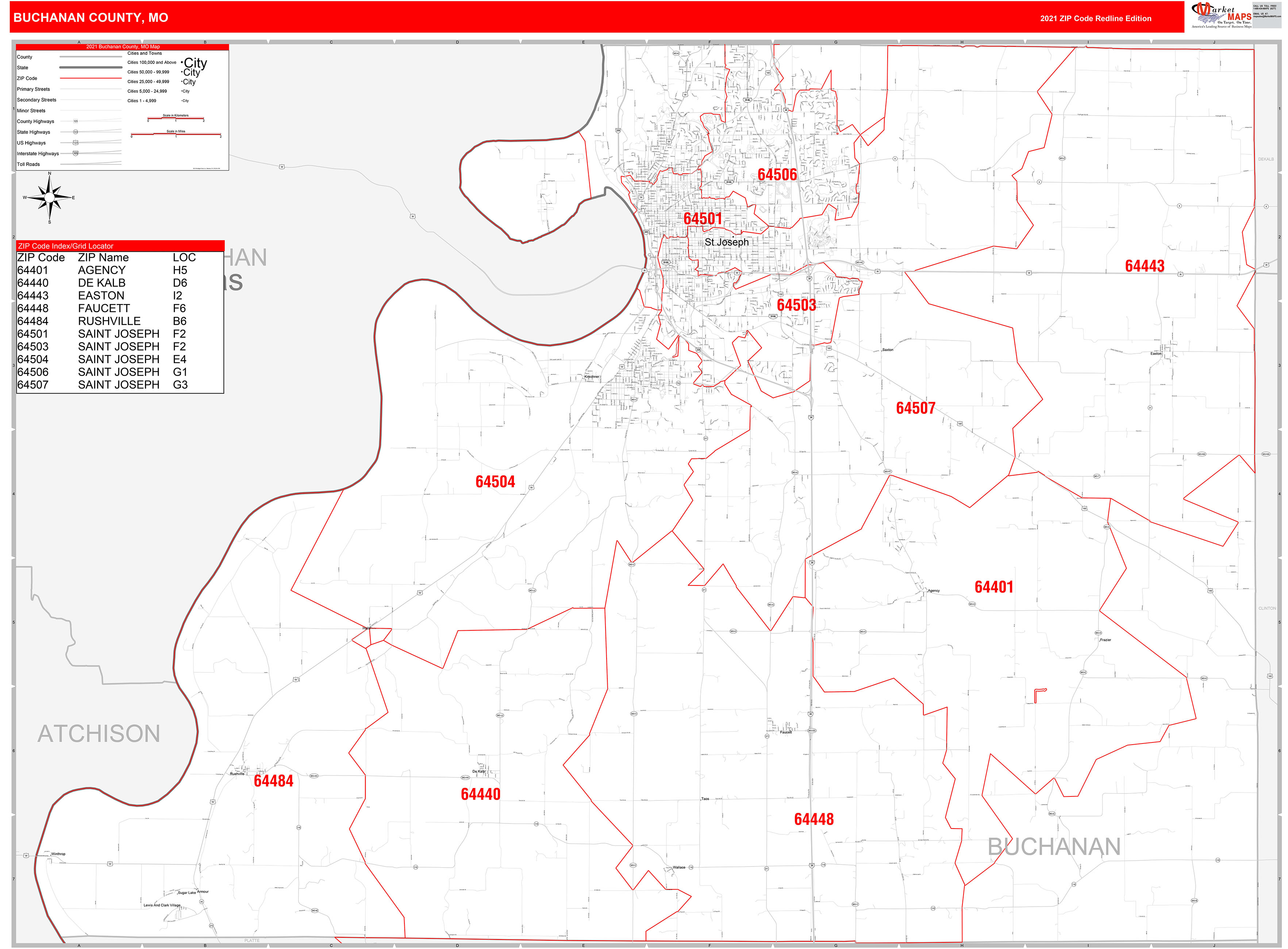 Buchanan County, MO Zip Code Wall Map Red Line Style by MarketMAPS