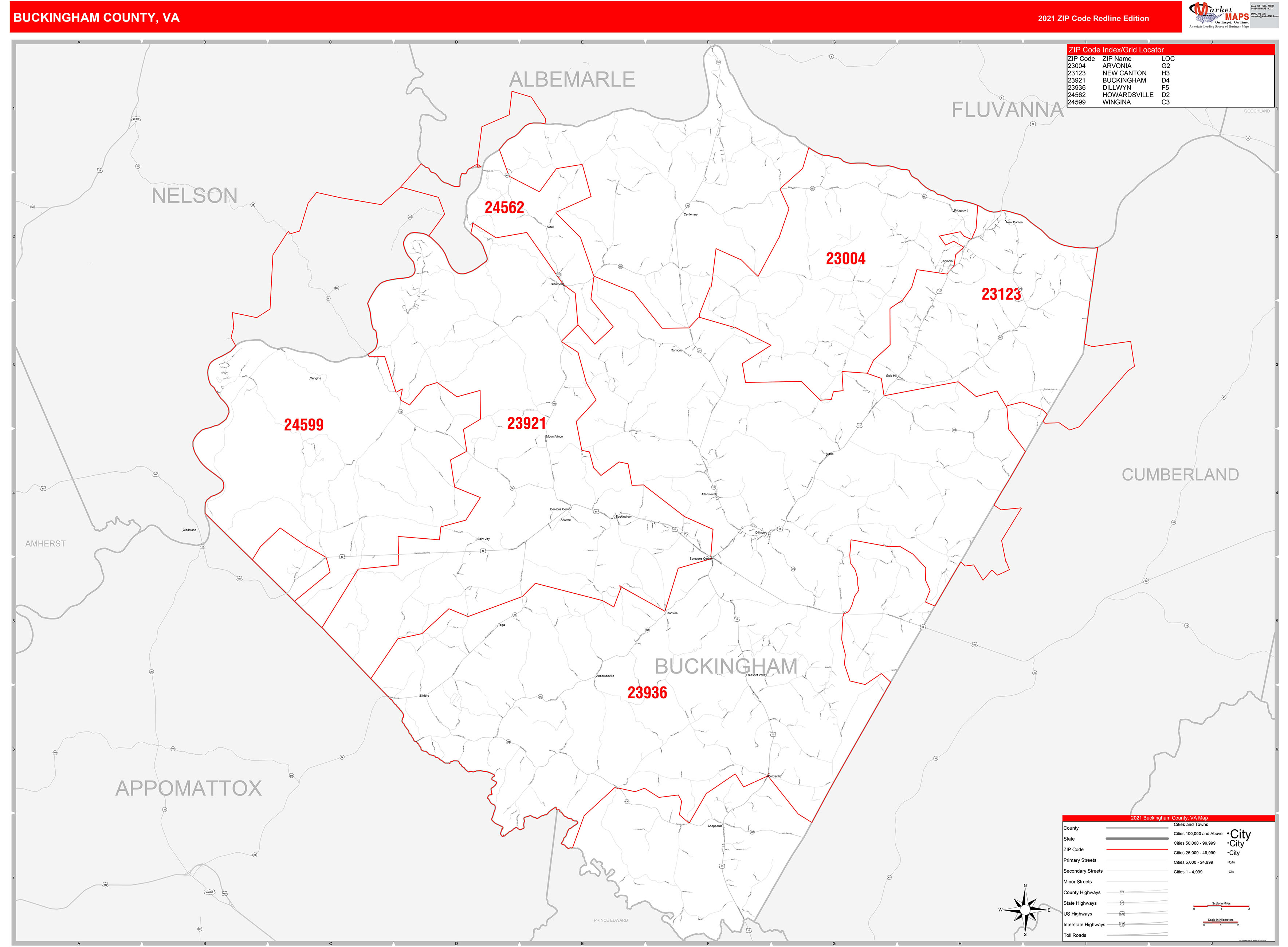 Buckingham County, VA Zip Code Wall Map Red Line Style by MarketMAPS