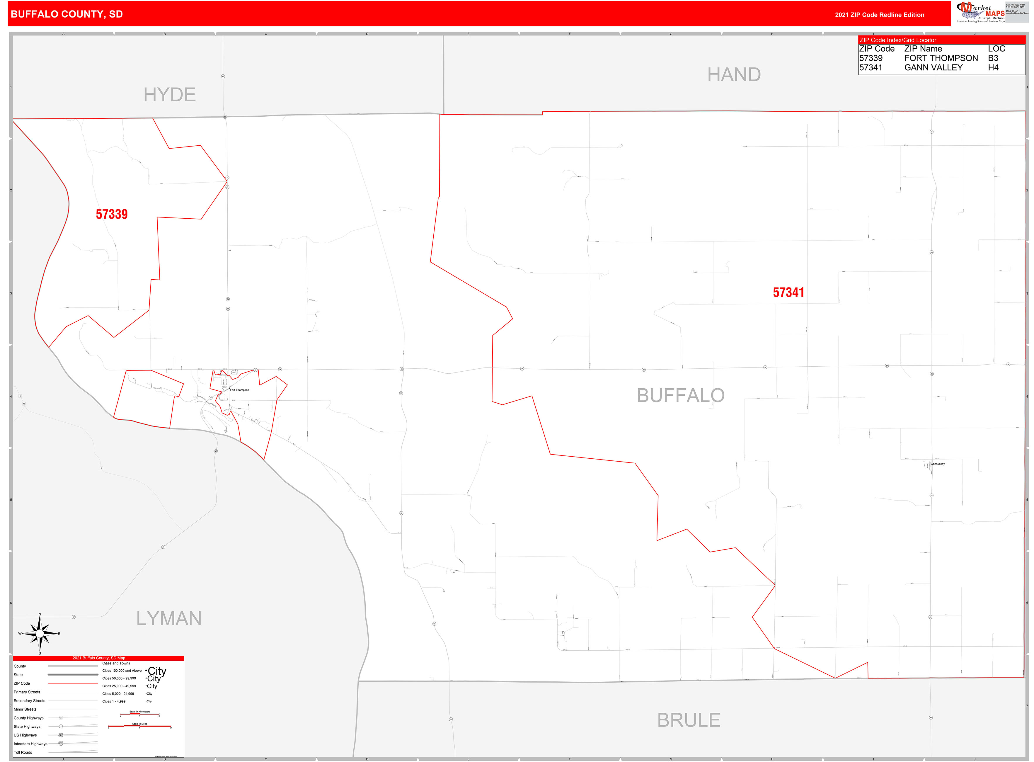 Buffalo County, SD Zip Code Wall Map Red Line Style by MarketMAPS