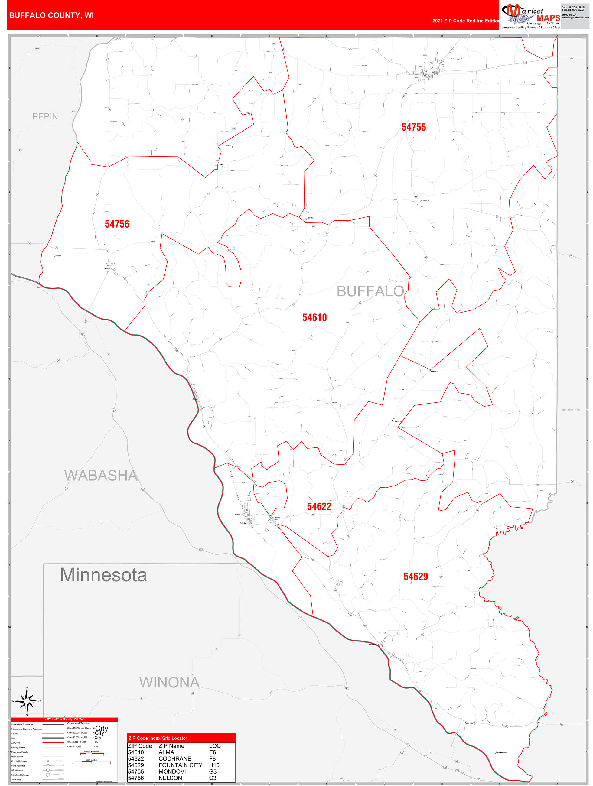 Buffalo County, WI Zip Code Wall Map Red Line Style by MarketMAPS