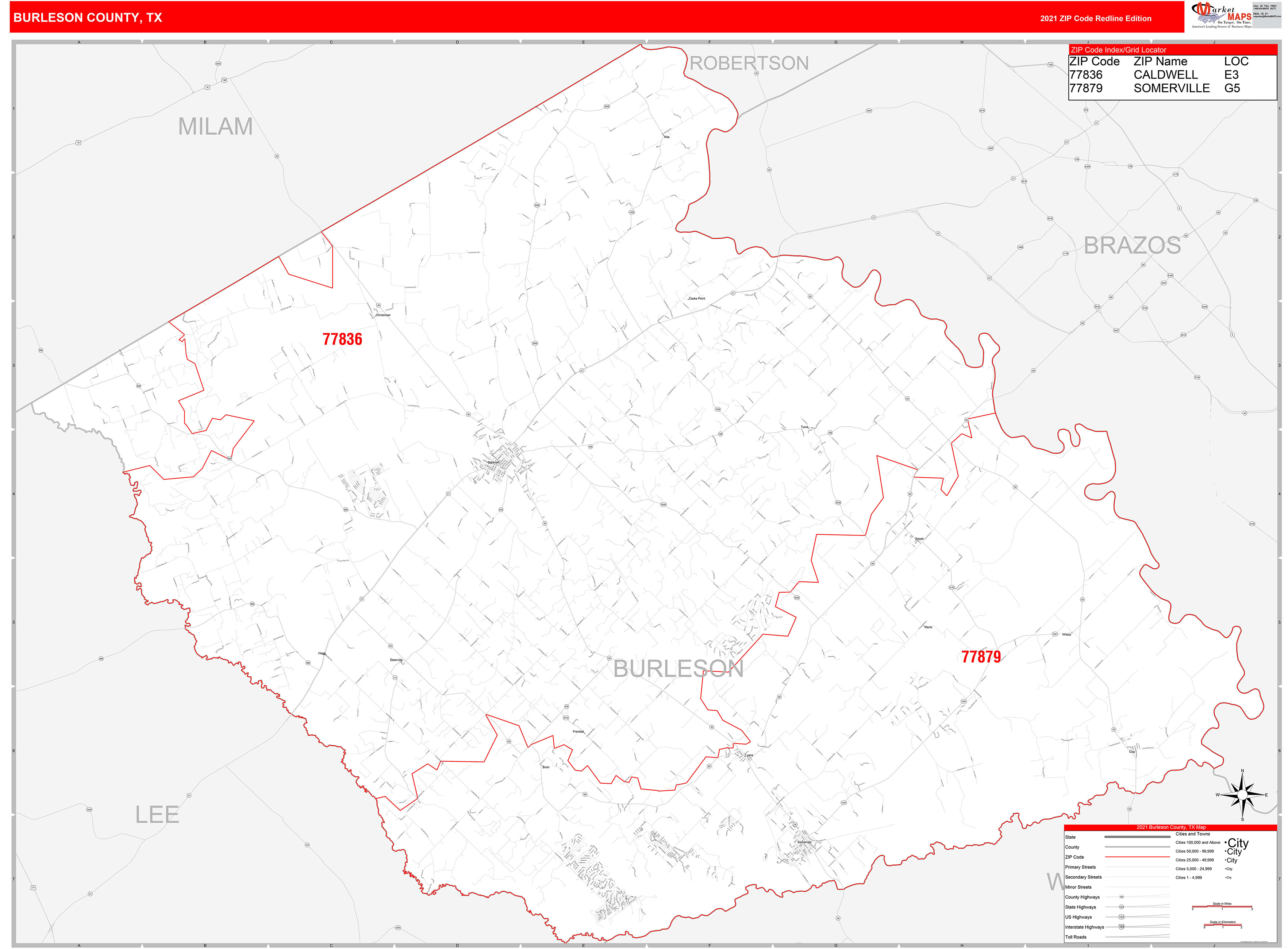 Burleson County, TX Zip Code Wall Map Red Line Style by MarketMAPS