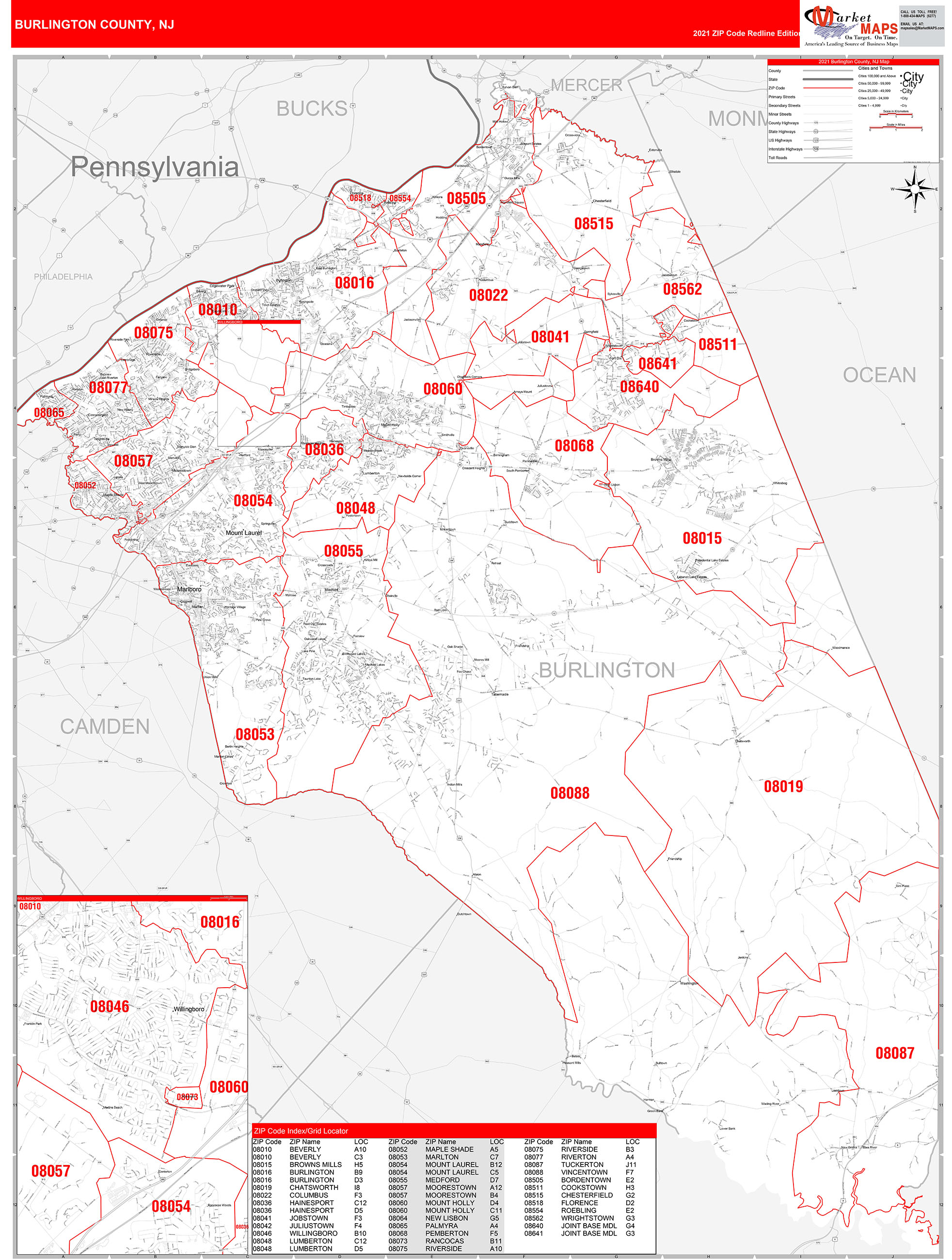 Burlington County, NJ Zip Code Wall Map Red Line Style by MarketMAPS