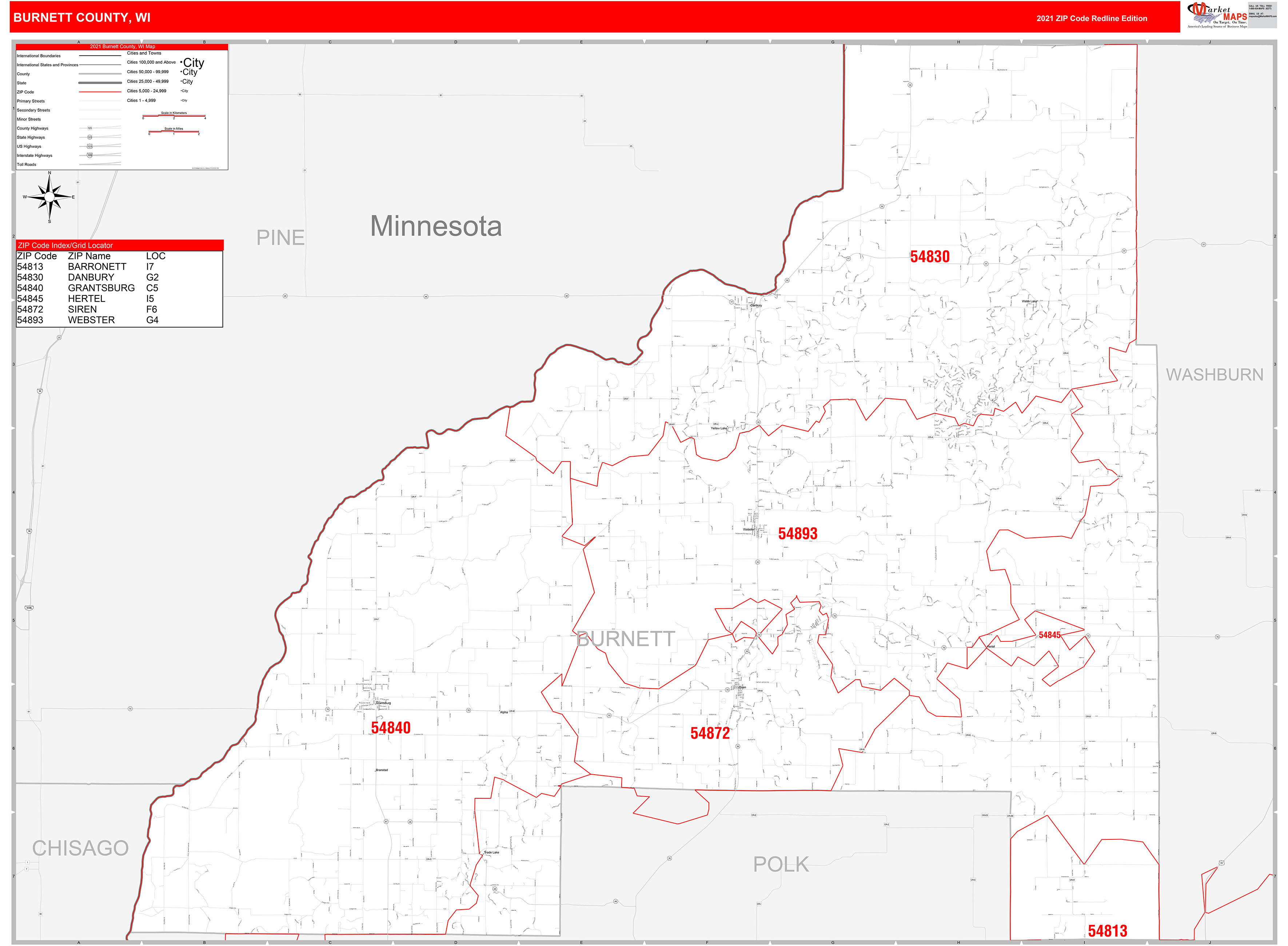 County, WI Zip Code Wall Map Red Line Style by MarketMAPS