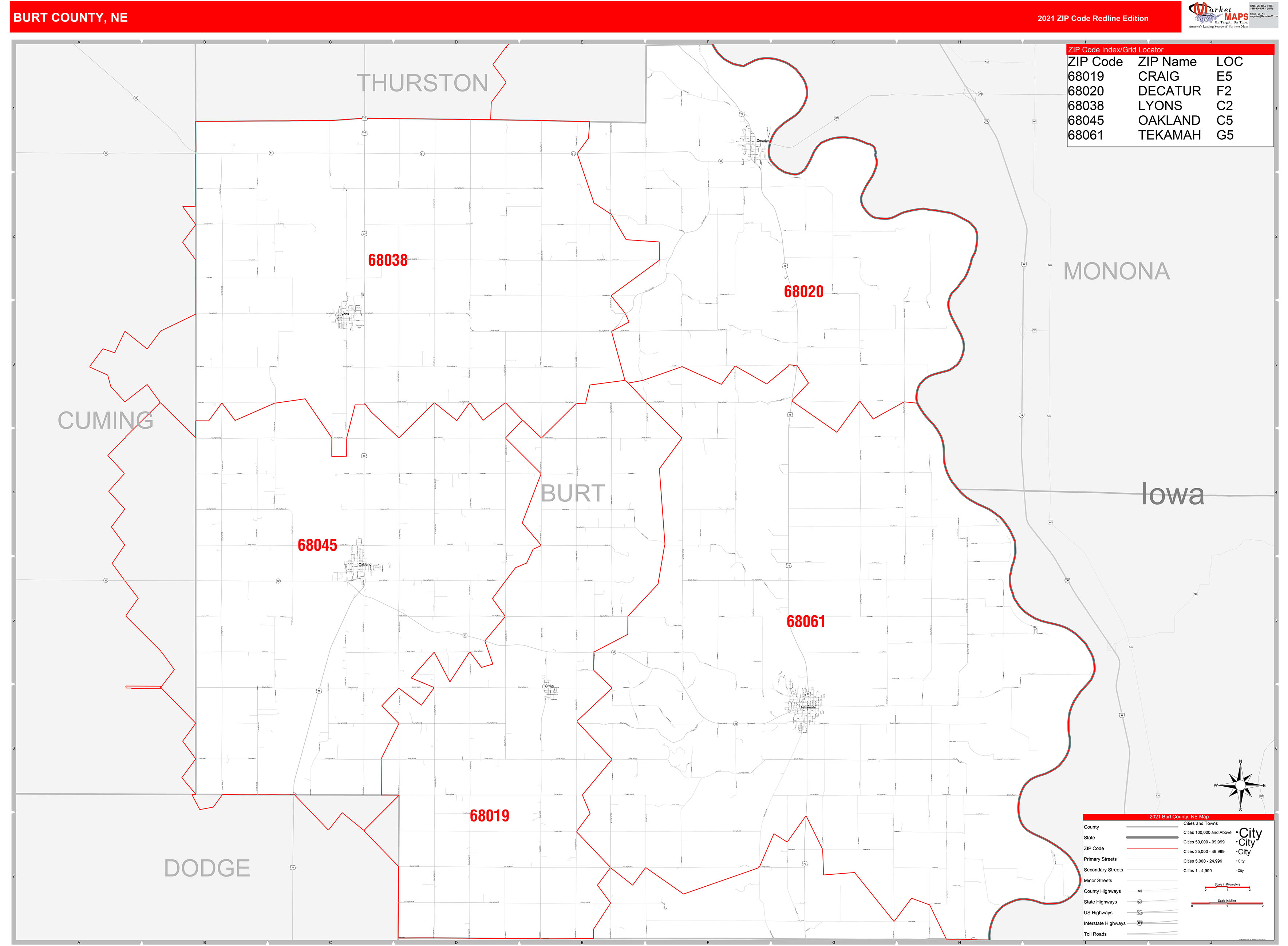 Burt County, NE Zip Code Wall Map Red Line Style by MarketMAPS