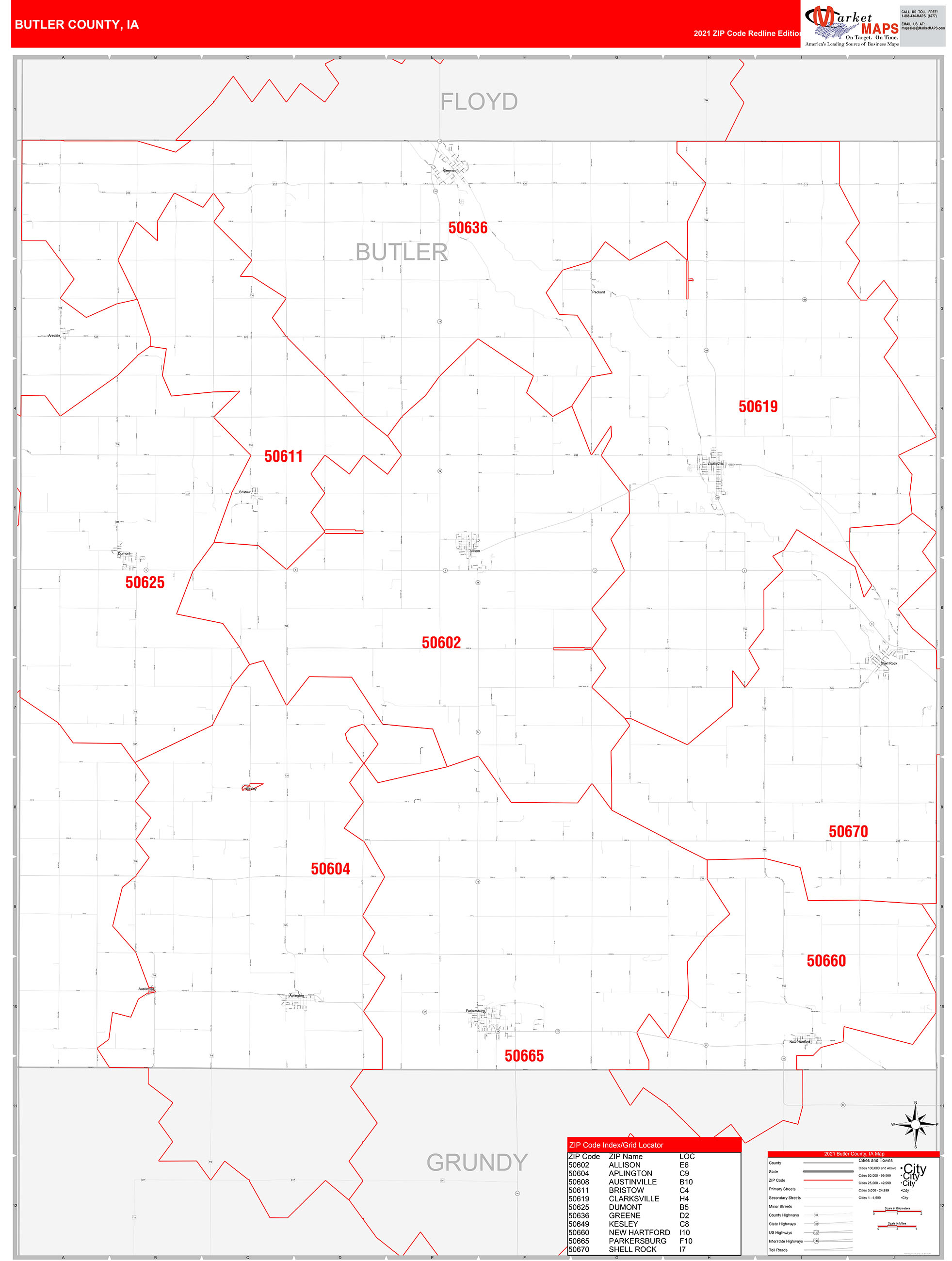 Butler County, IA Zip Code Wall Map Red Line Style by MarketMAPS