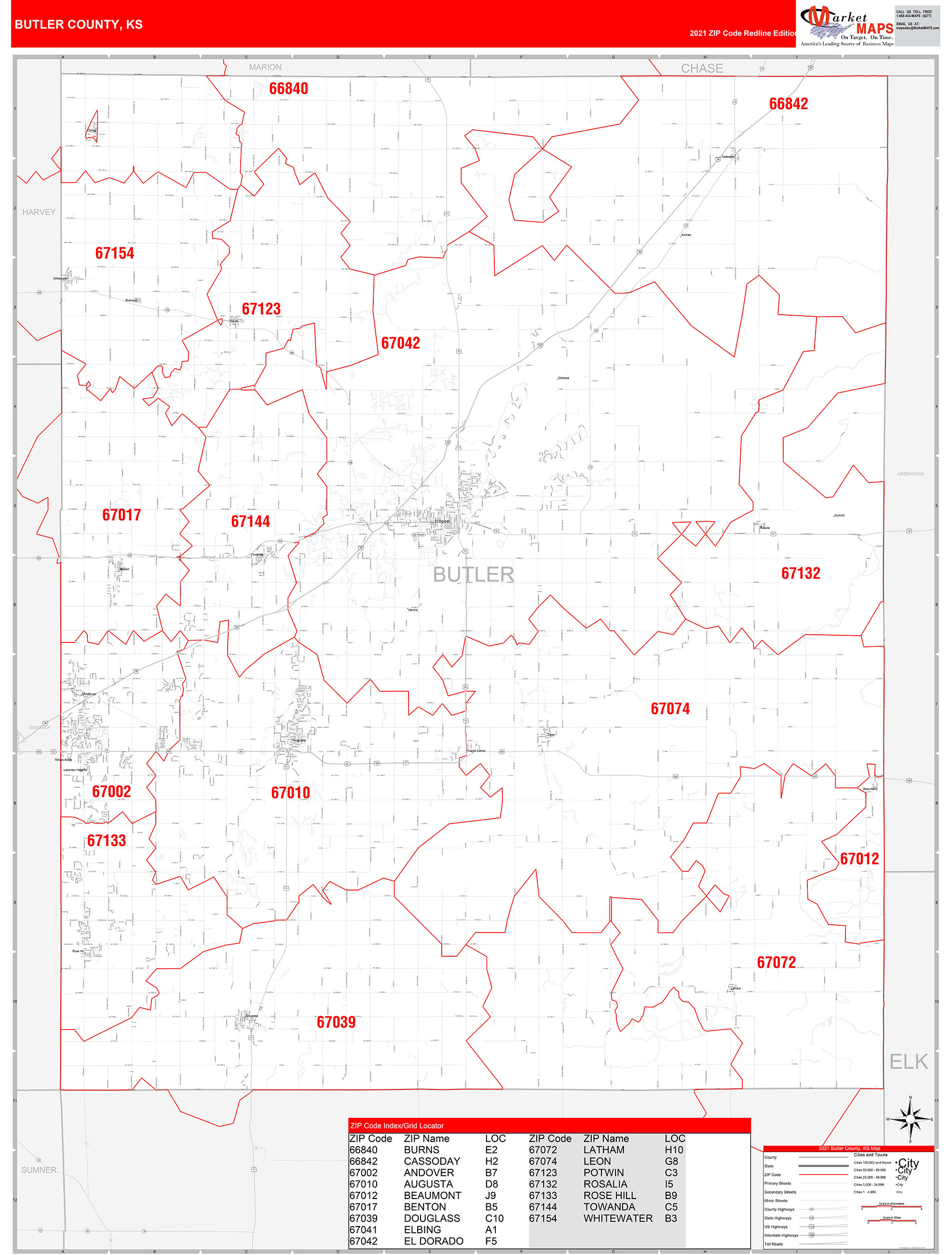 Butler County, KS Zip Code Wall Map Red Line Style by MarketMAPS