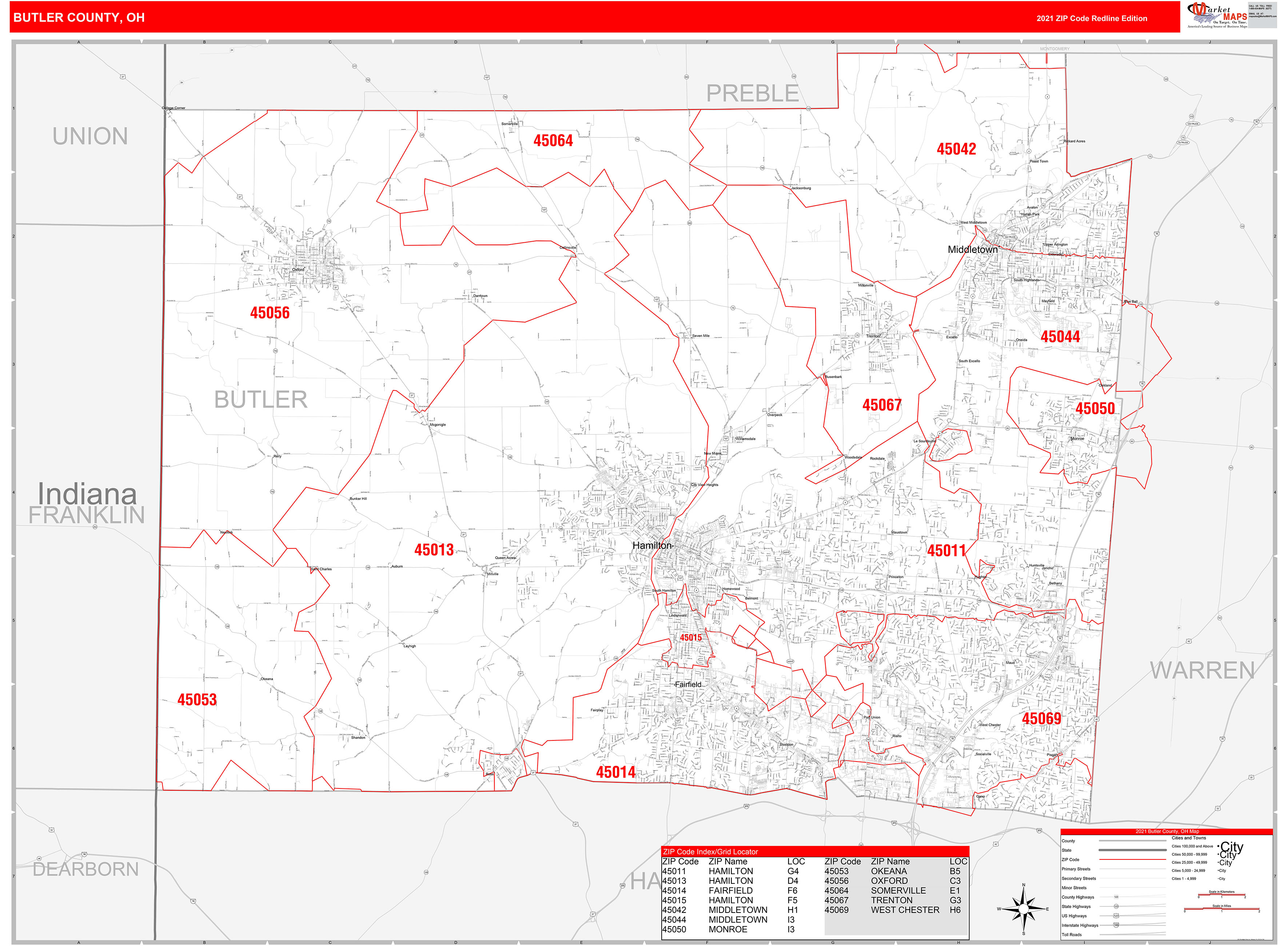 Butler County, OH Zip Code Wall Map Red Line Style by MarketMAPS MapSales