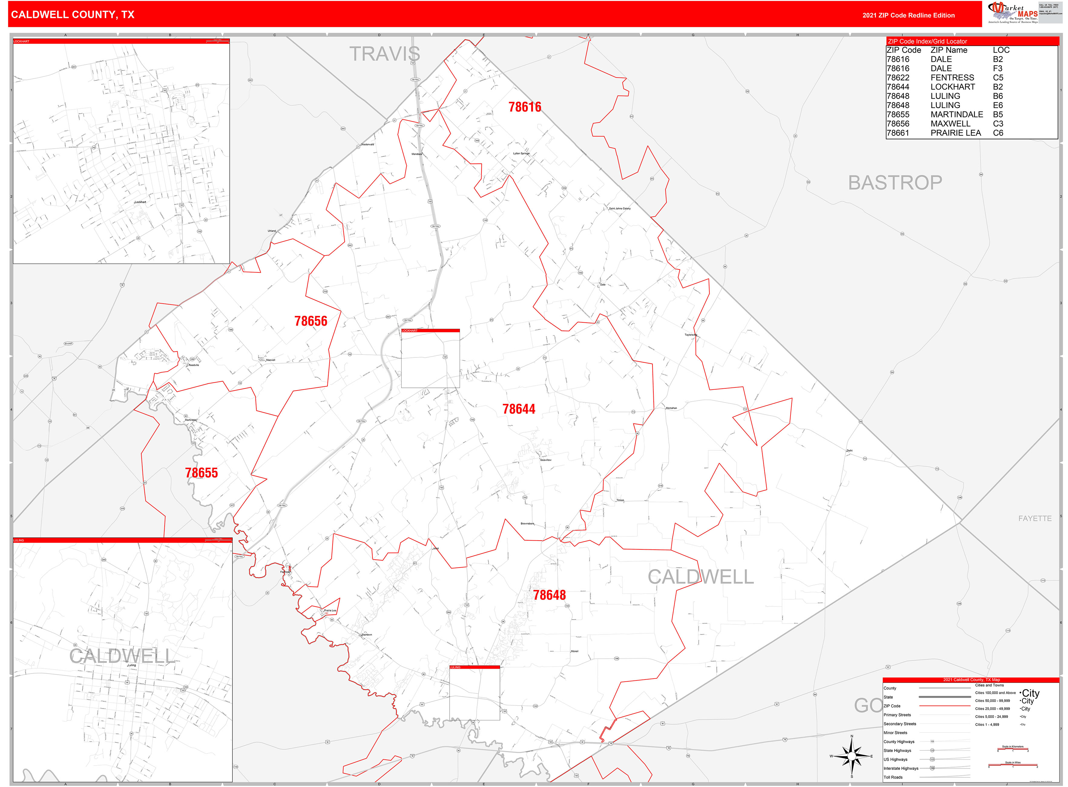 Caldwell County, TX Zip Code Wall Map Red Line Style by MarketMAPS