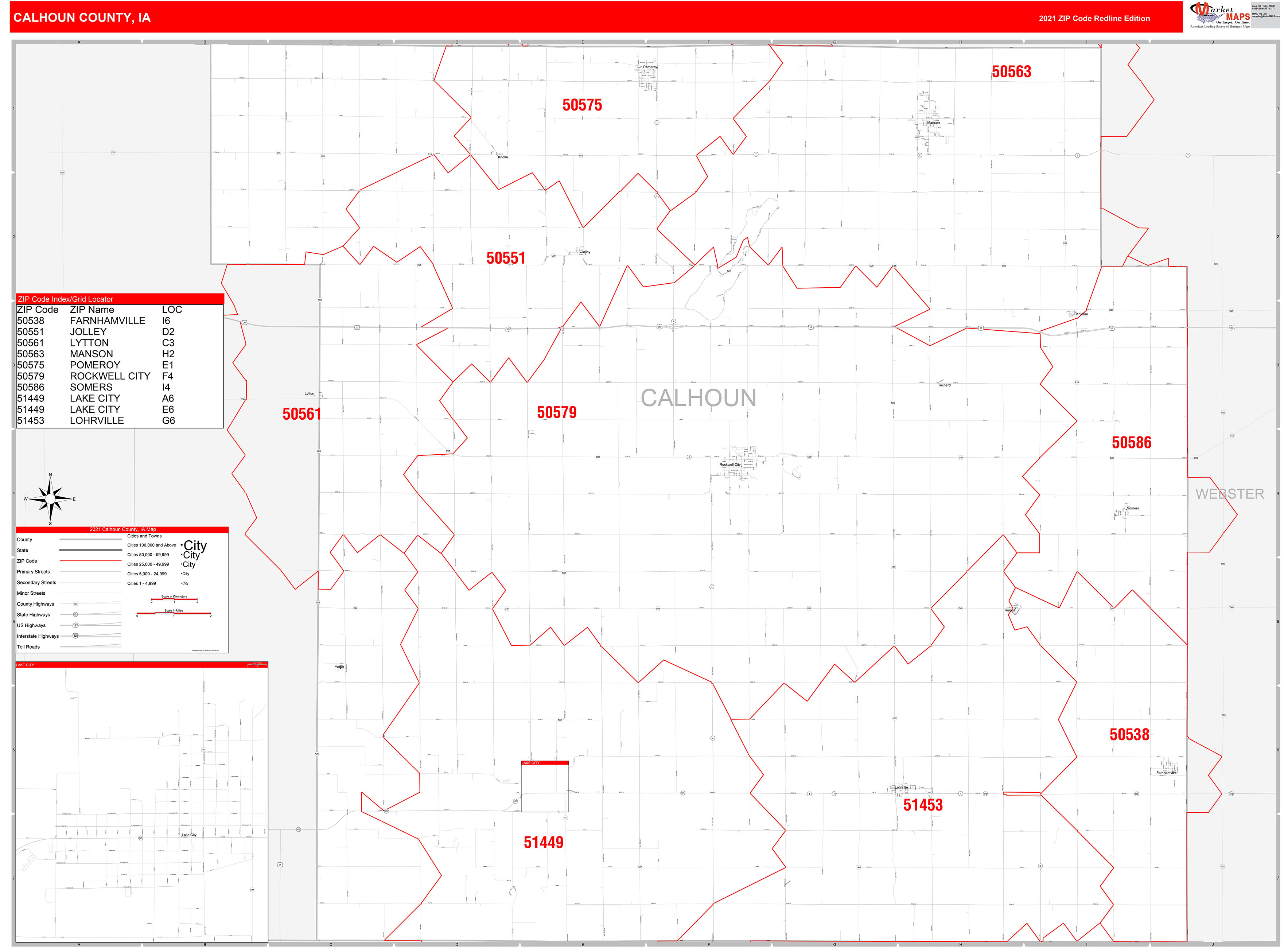 Calhoun County, IA Zip Code Wall Map Red Line Style by MarketMAPS