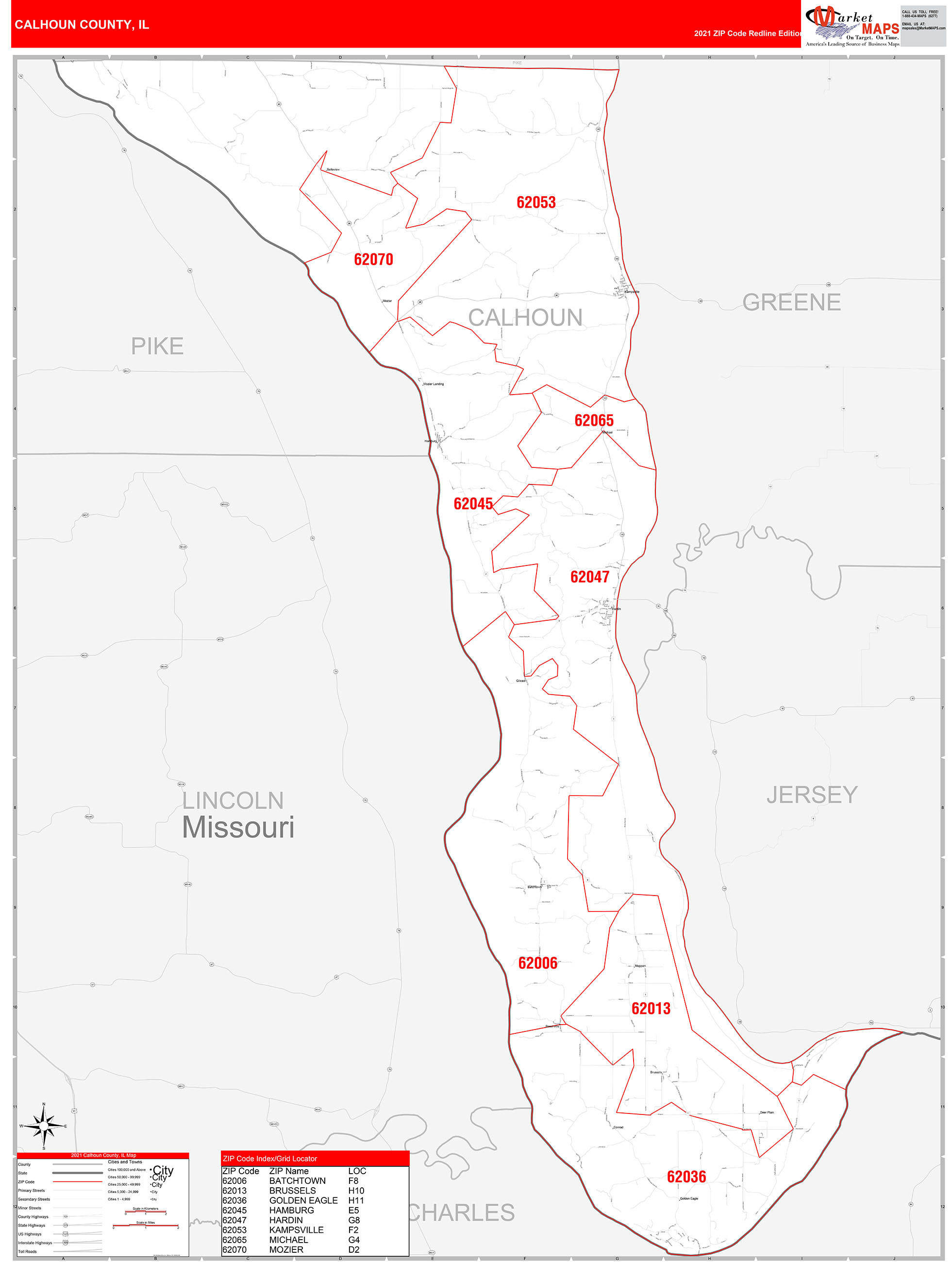 Calhoun County, IL Zip Code Wall Map Red Line Style by MarketMAPS