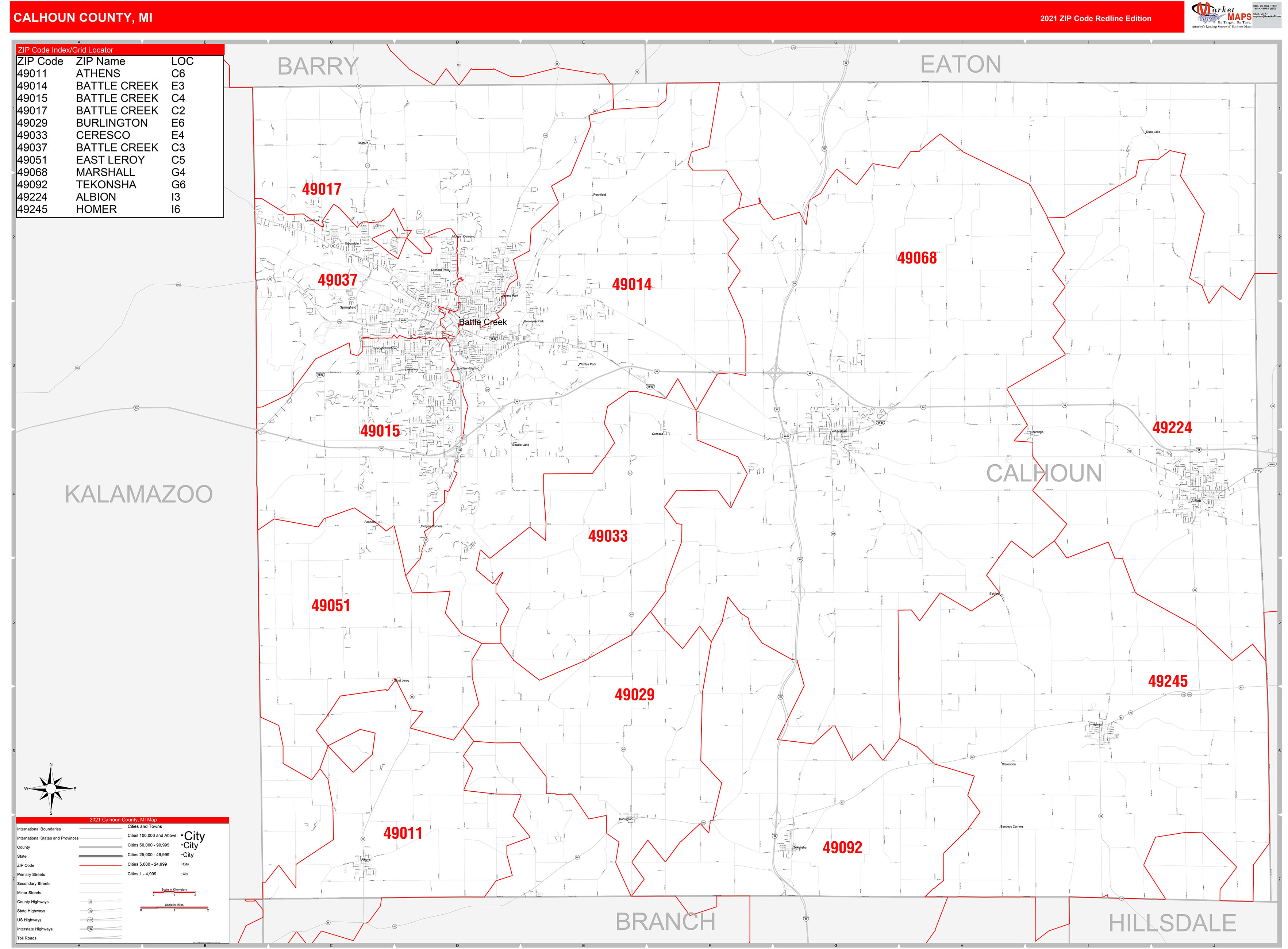 Calhoun County, MI Zip Code Wall Map Red Line Style by MarketMAPS