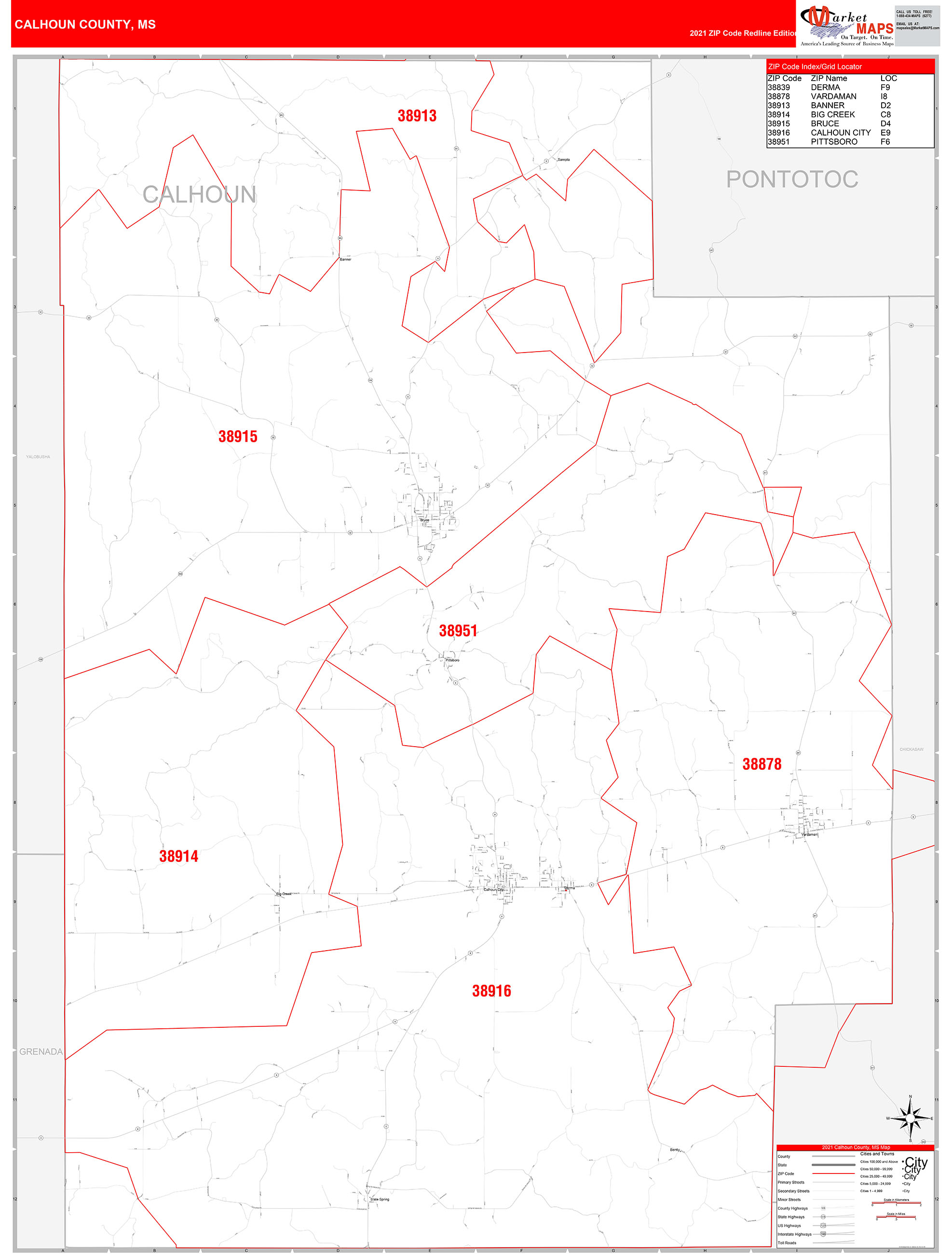 Calhoun County, MS Zip Code Wall Map Red Line Style by MarketMAPS