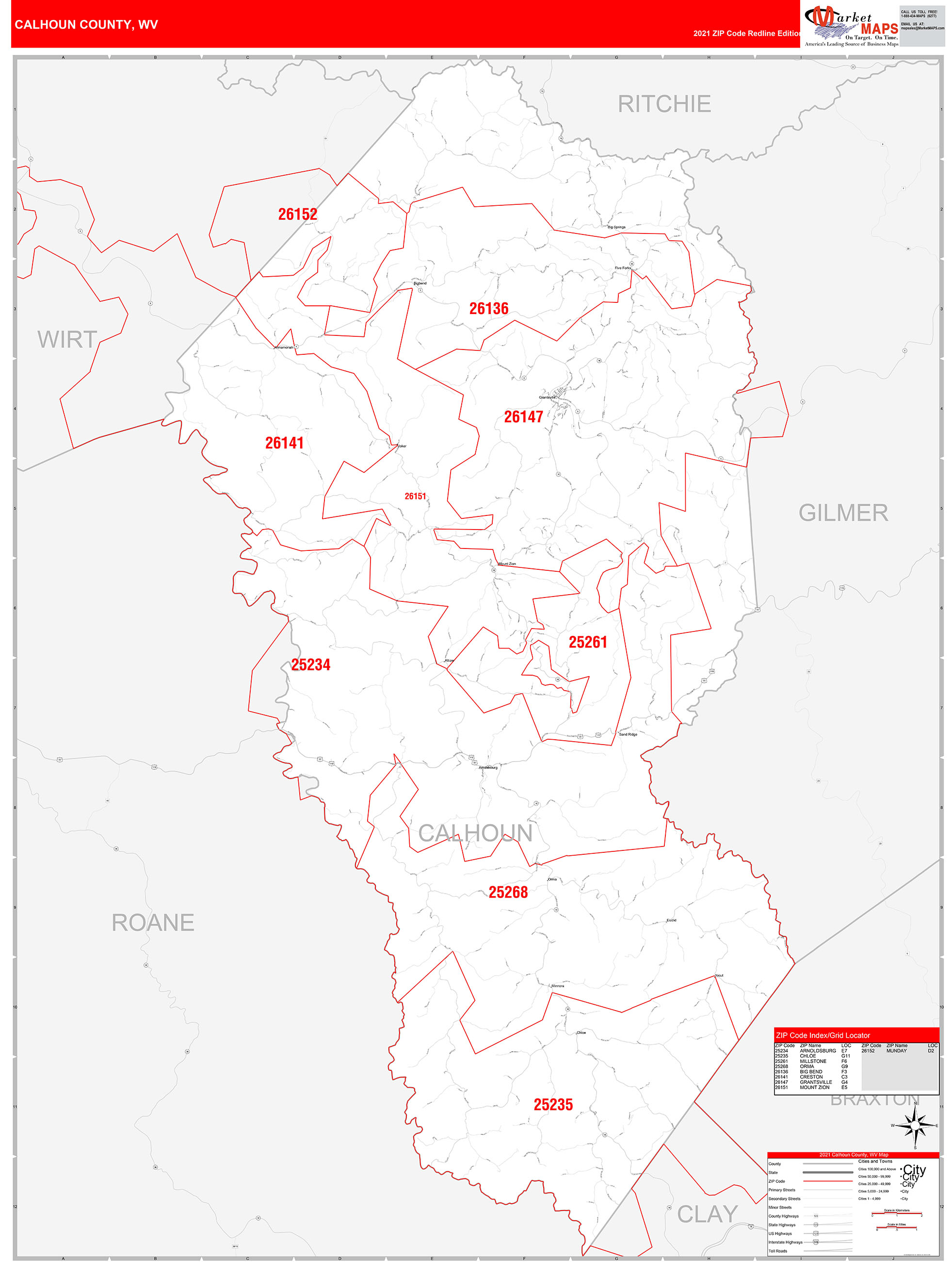 Calhoun County, WV Zip Code Wall Map Red Line Style by MarketMAPS