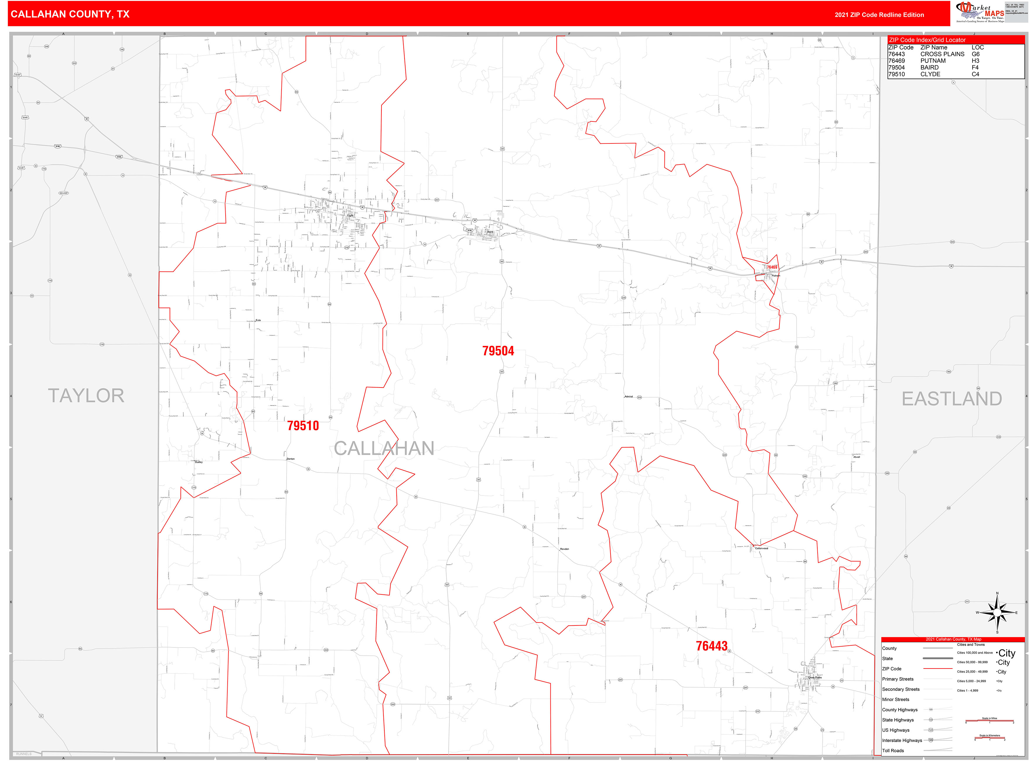 Callahan County, TX Zip Code Wall Map Red Line Style by MarketMAPS