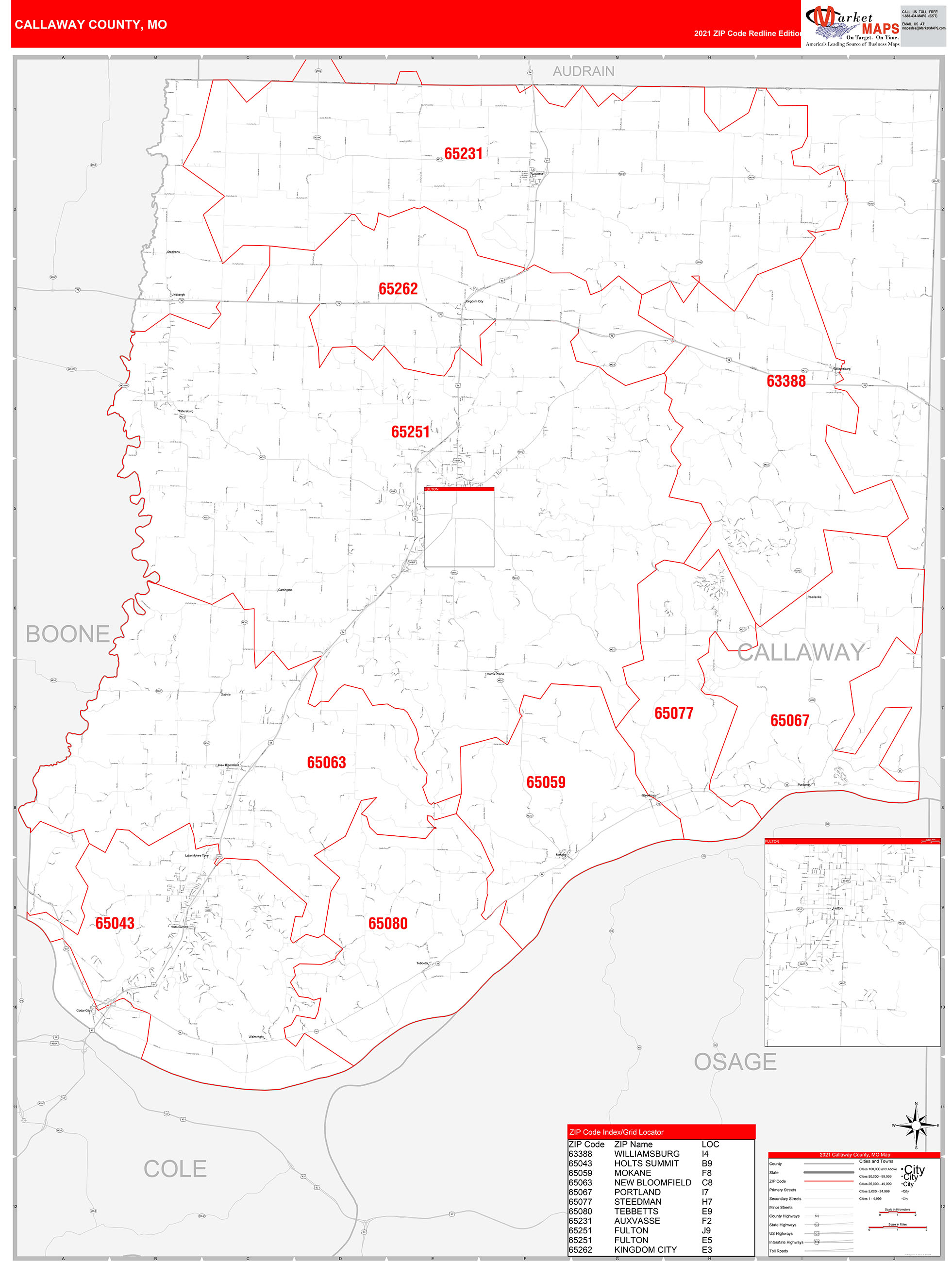 Callaway County, MO Zip Code Wall Map Red Line Style by MarketMAPS