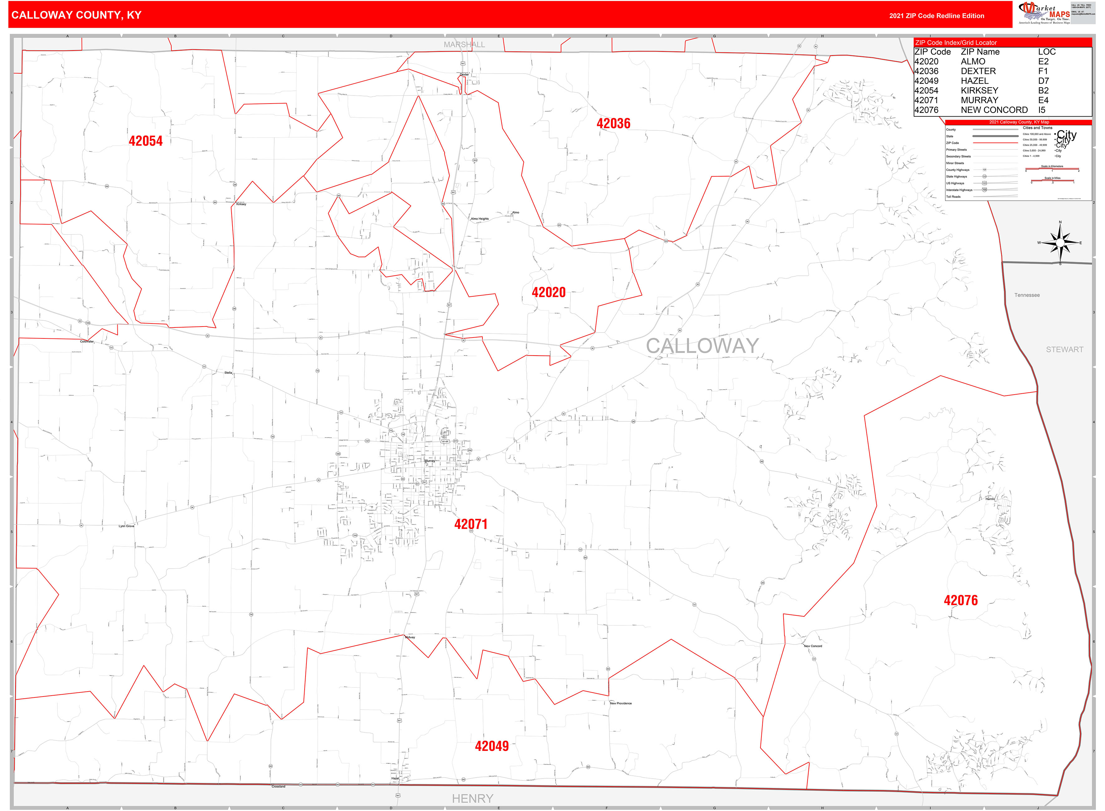 Calloway County, KY Zip Code Wall Map Red Line Style by MarketMAPS
