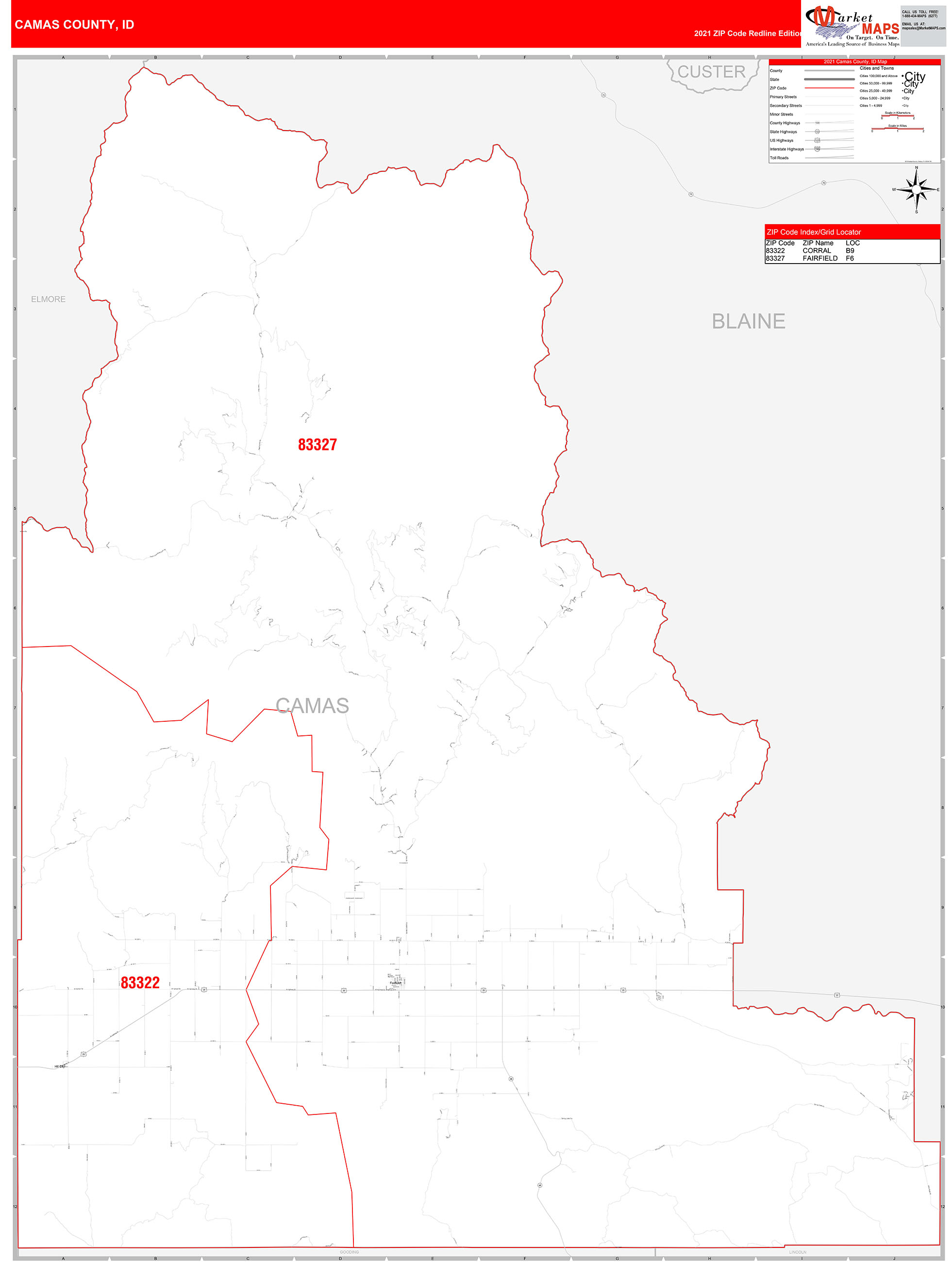 Camas County, ID Zip Code Wall Map Red Line Style by MarketMAPS