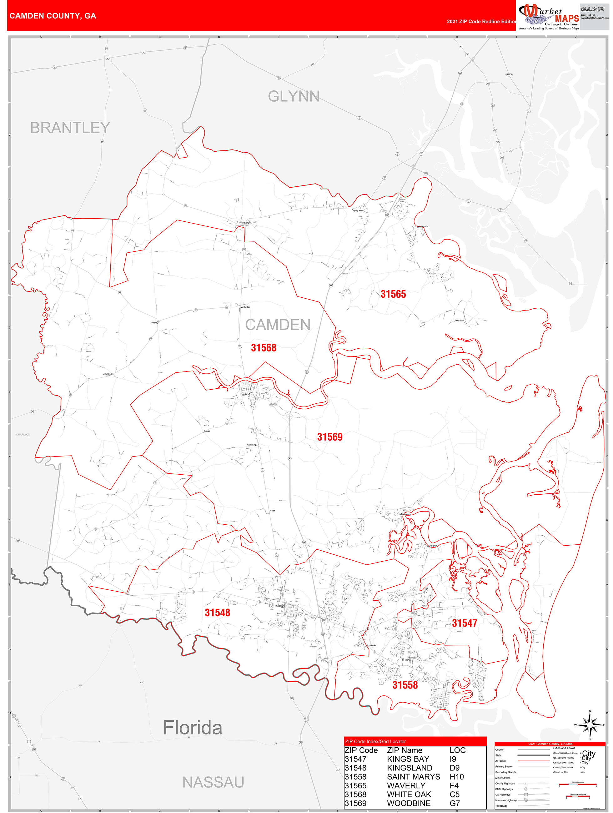 Camden County, GA Zip Code Wall Map Red Line Style by MarketMAPS MapSales