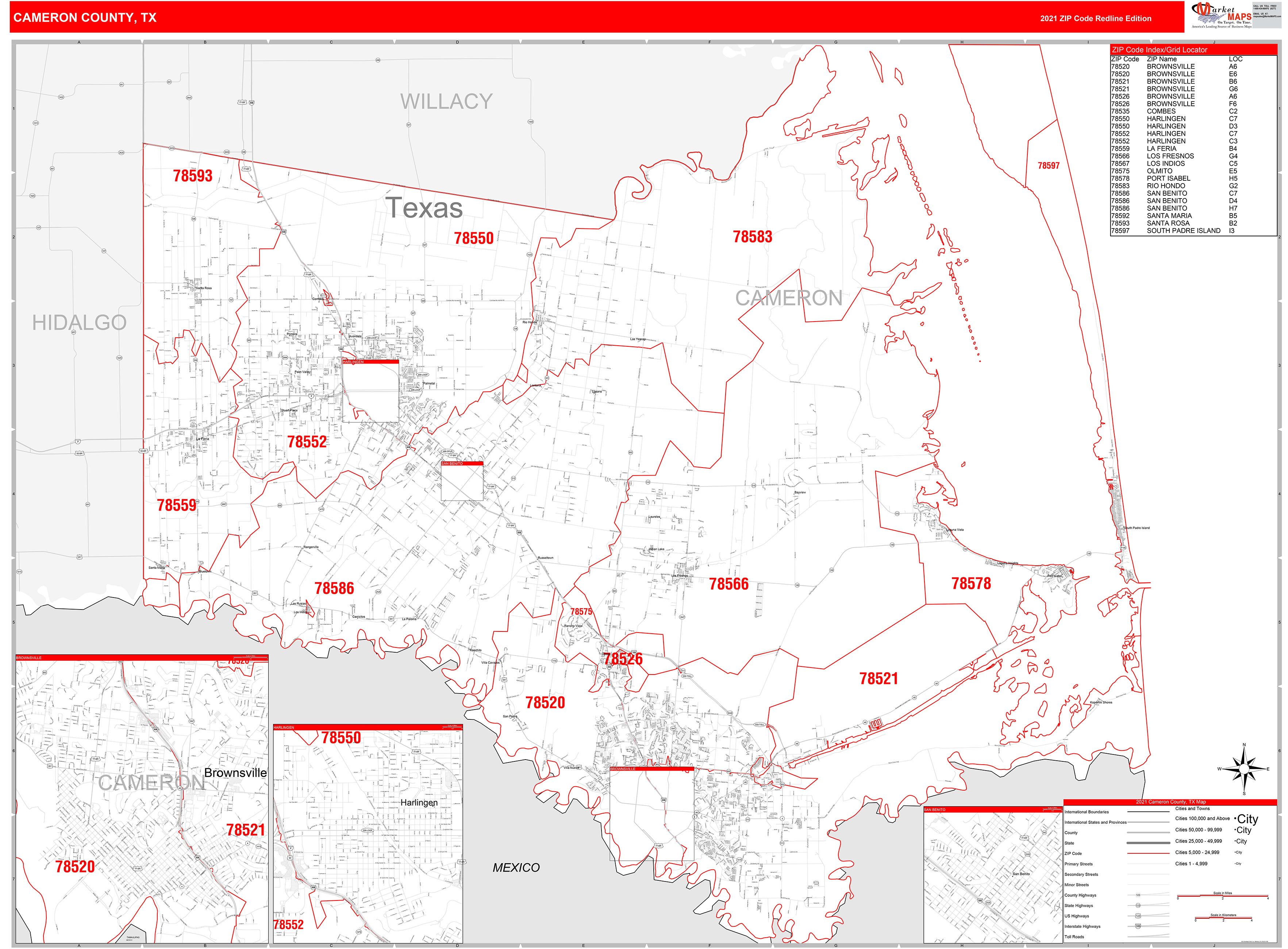 Cameron County, TX Zip Code Wall Map Red Line Style by MarketMAPS
