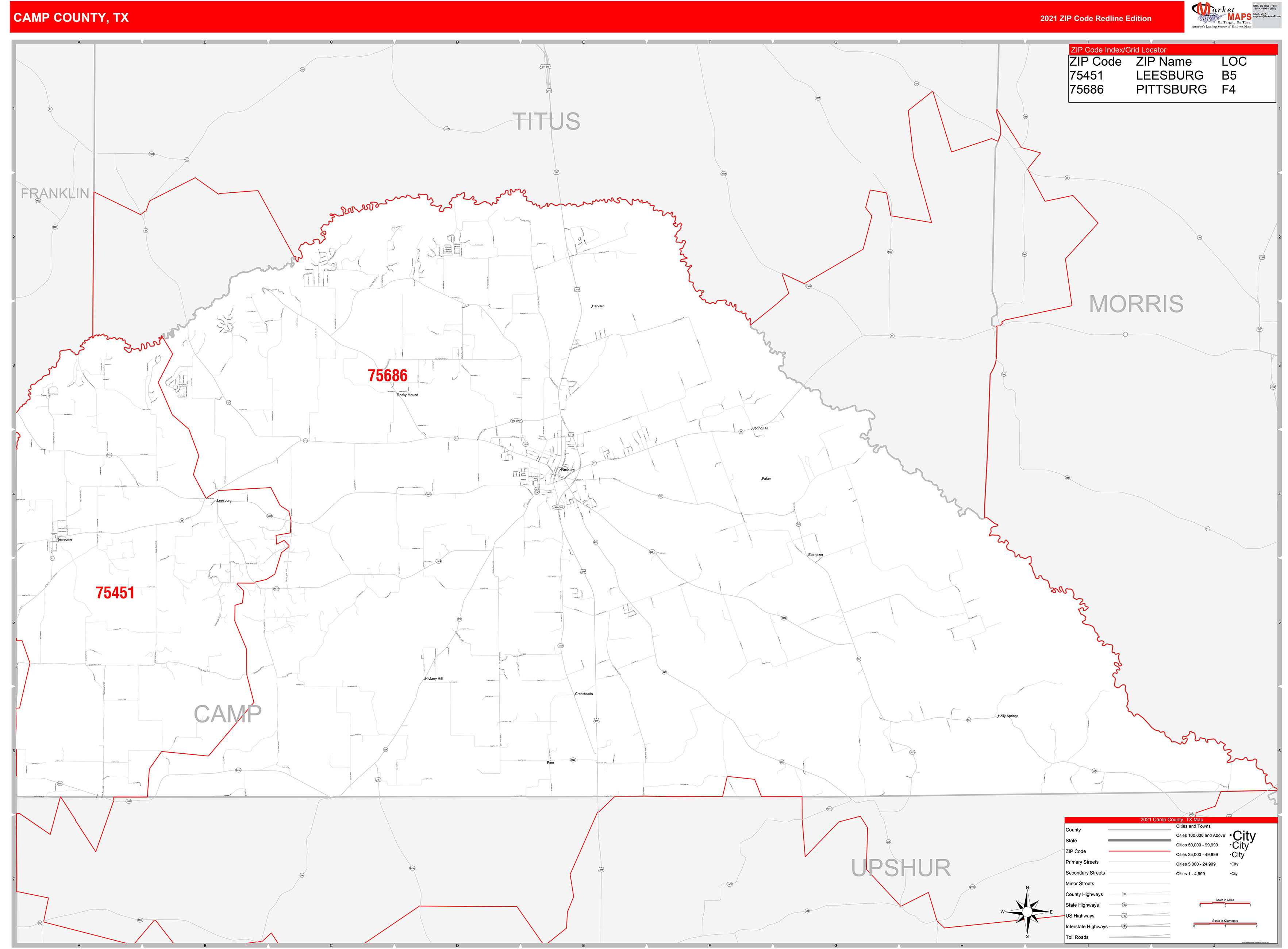 Camp County, TX Zip Code Wall Map Red Line Style by MarketMAPS MapSales