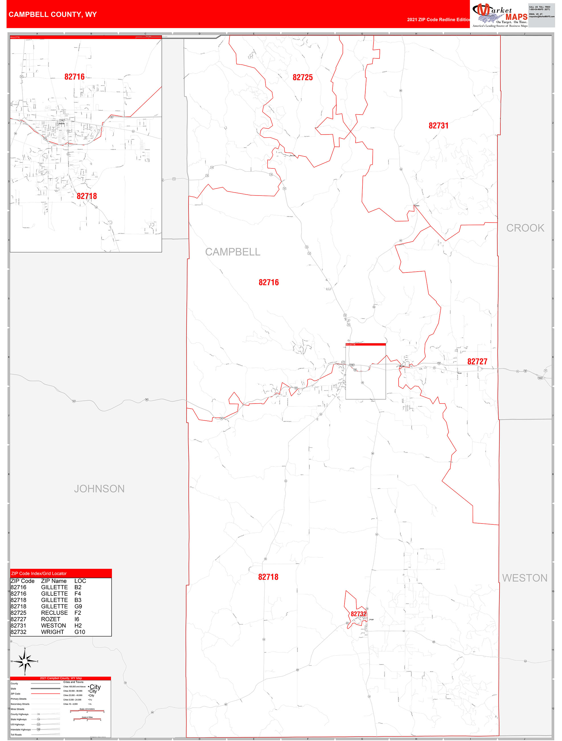 Campbell County, WY Zip Code Wall Map Red Line Style by MarketMAPS