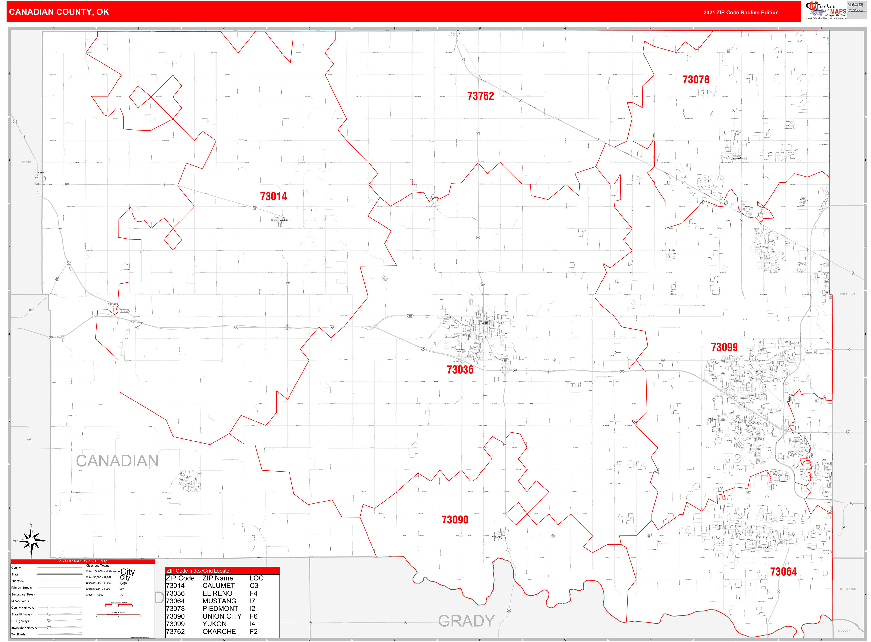 Canadian County Ok Zip Code Wall Map Red Line Style By Marketmaps