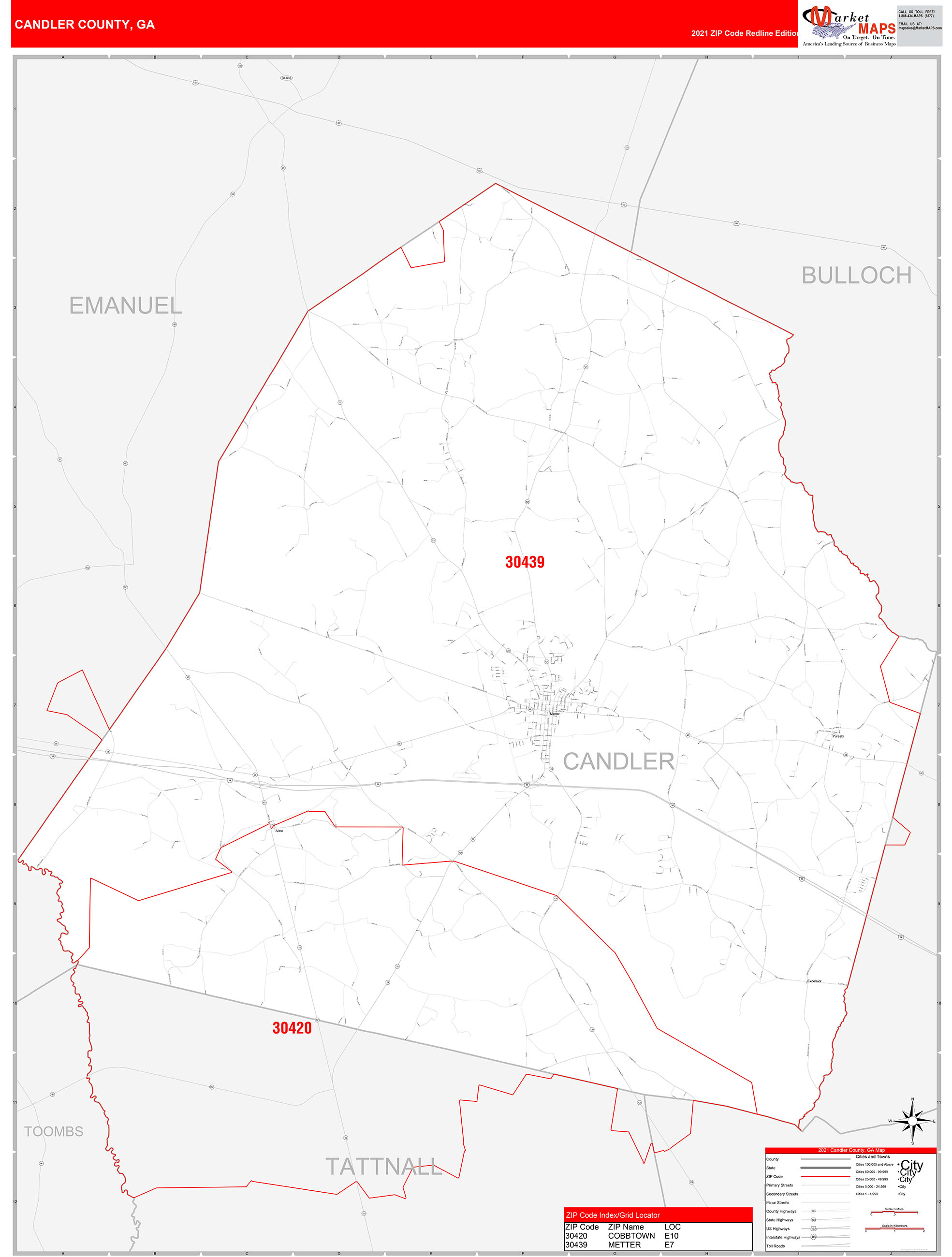 Candler County, GA Zip Code Wall Map Red Line Style by MarketMAPS