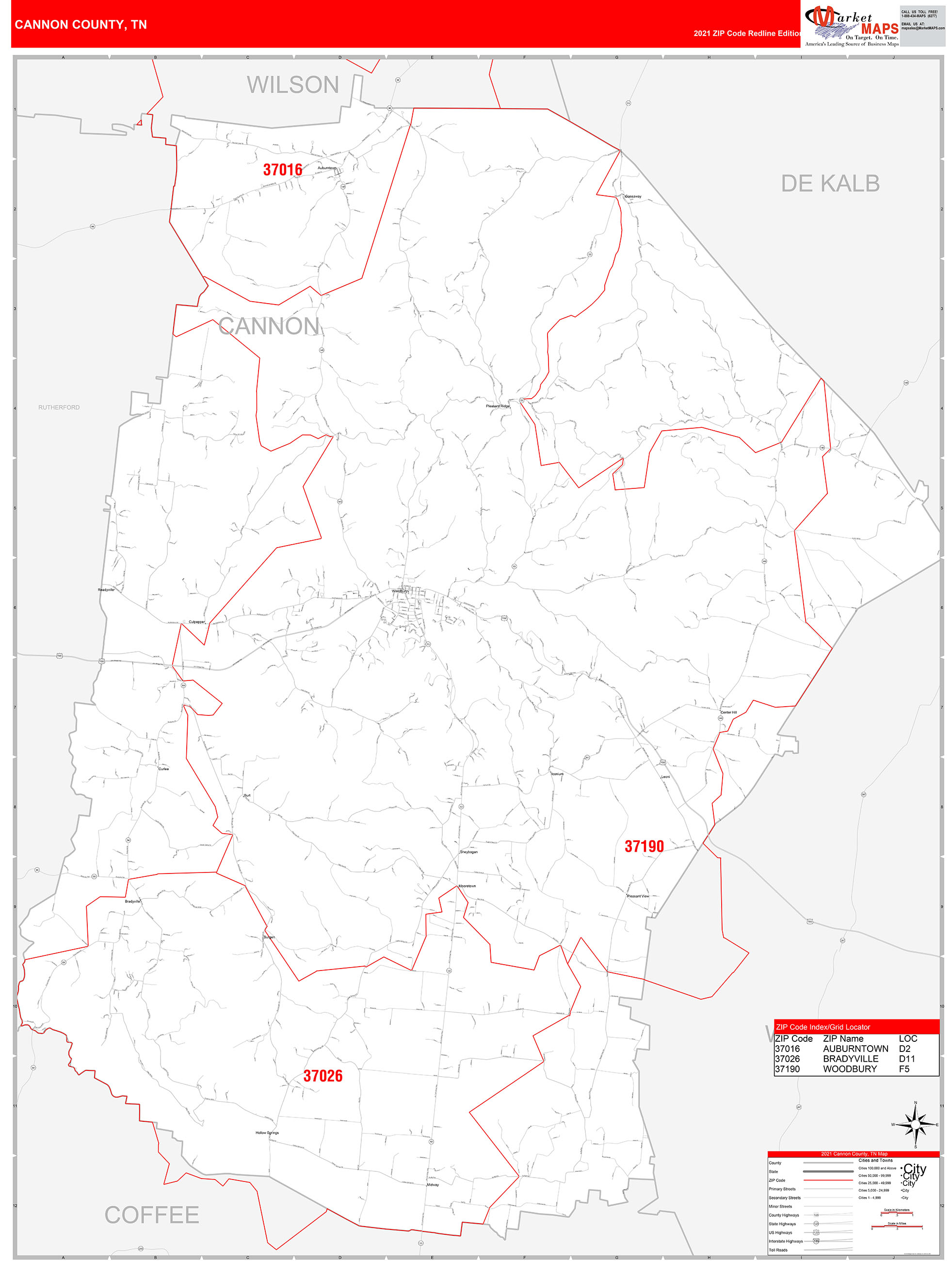 Cannon County, TN Zip Code Wall Map Red Line Style by MarketMAPS - MapSales