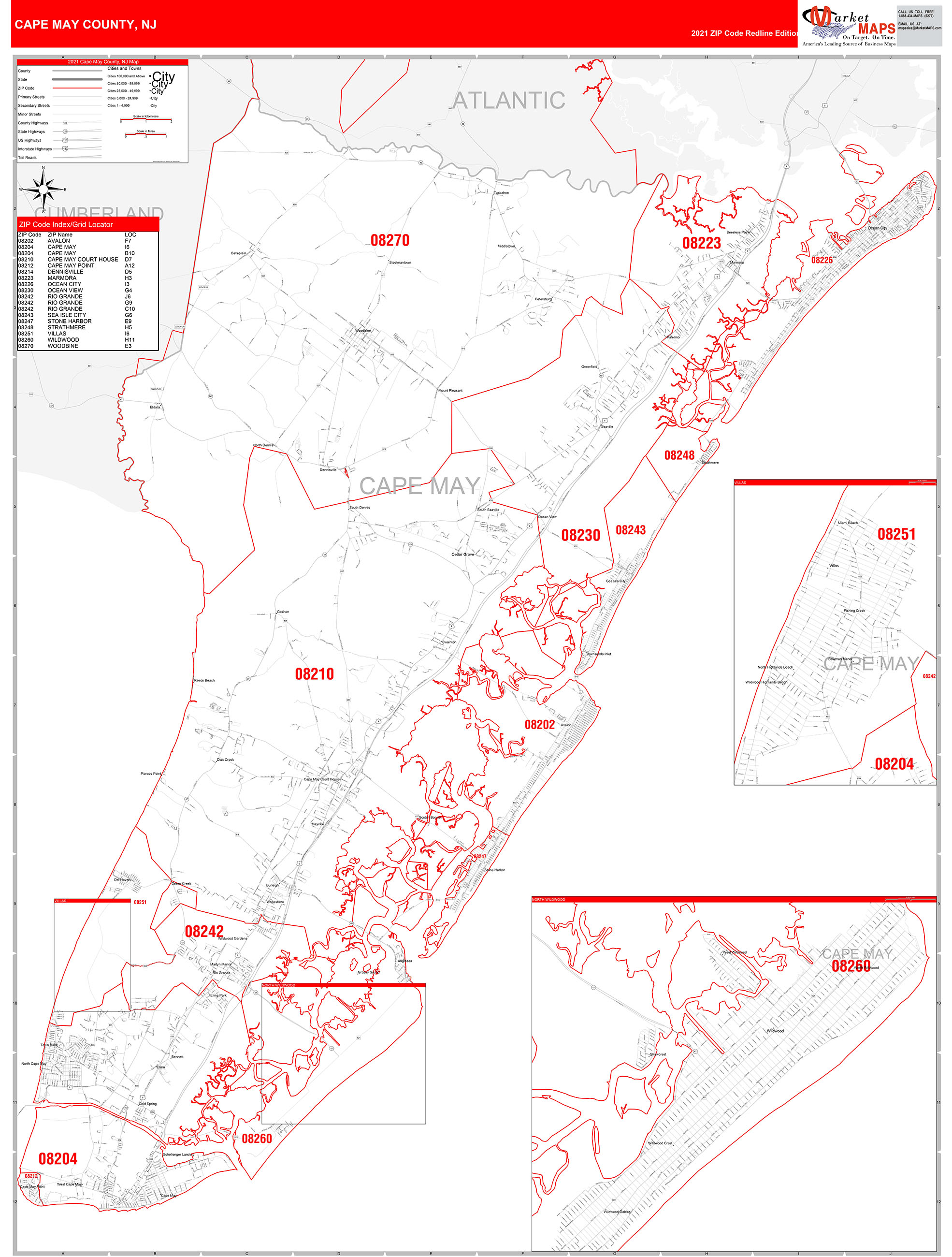 Cape May County, NJ Zip Code Wall Map Red Line Style by MarketMAPS