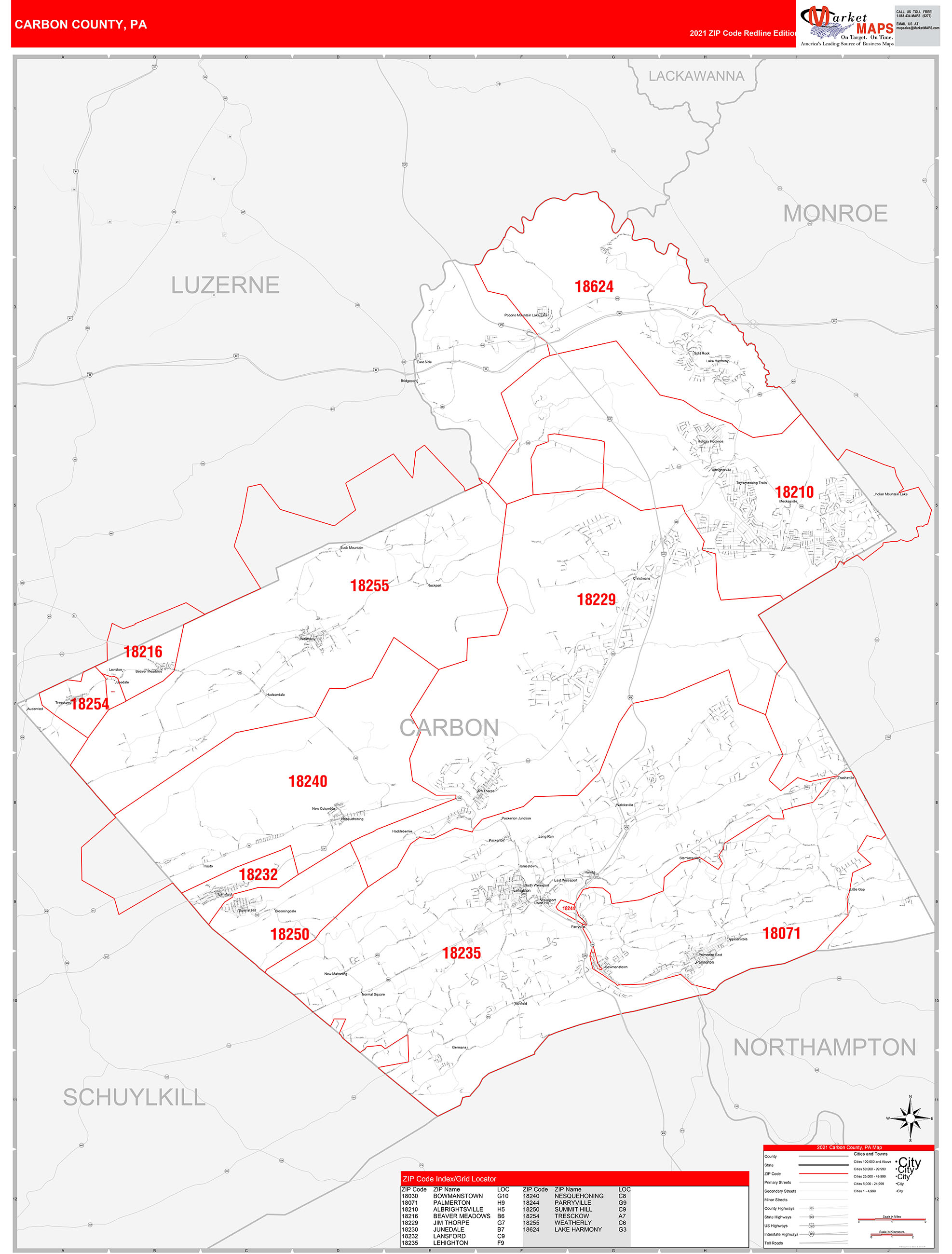 Carbon County, PA Zip Code Wall Map Red Line Style by MarketMAPS MapSales
