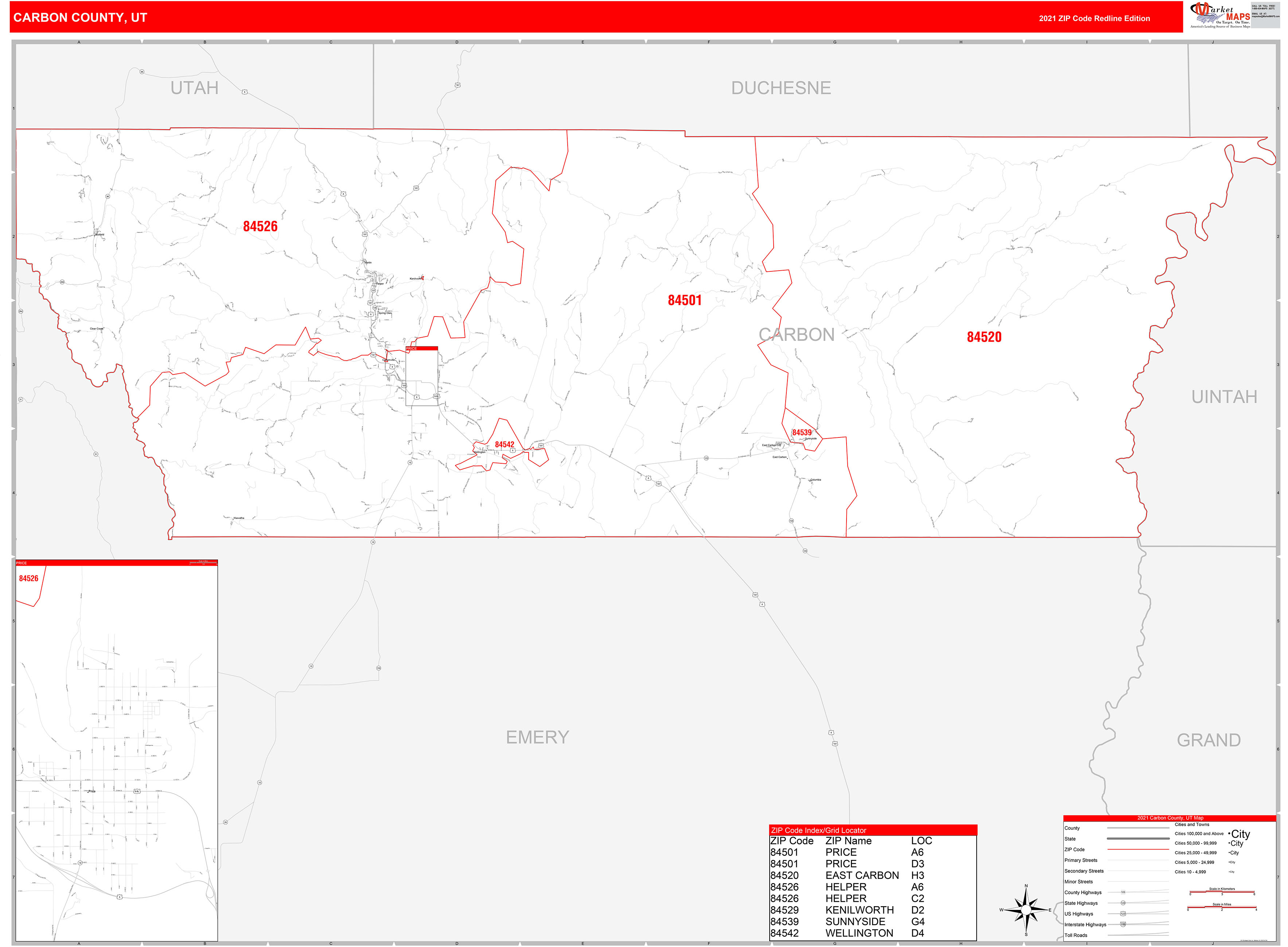Carbon County, UT Zip Code Wall Map Red Line Style by MarketMAPS