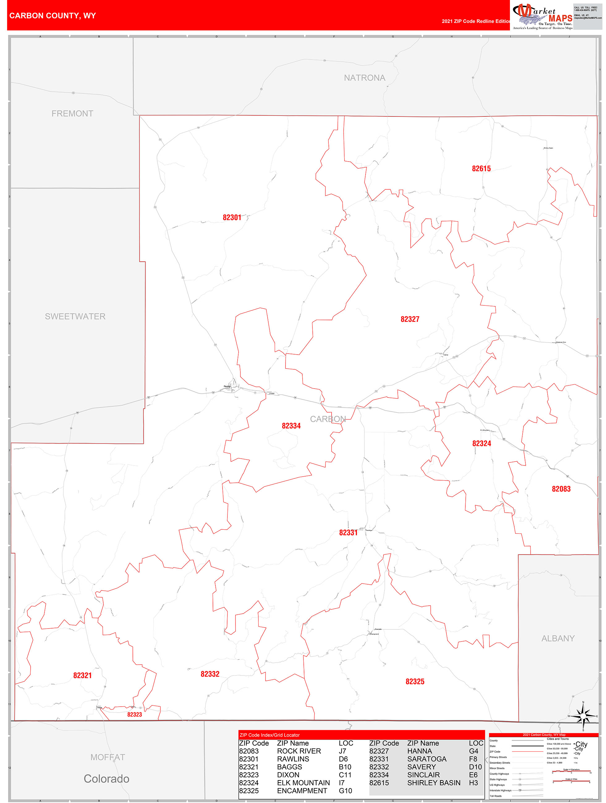 Carbon County, WY Zip Code Wall Map Red Line Style by MarketMAPS