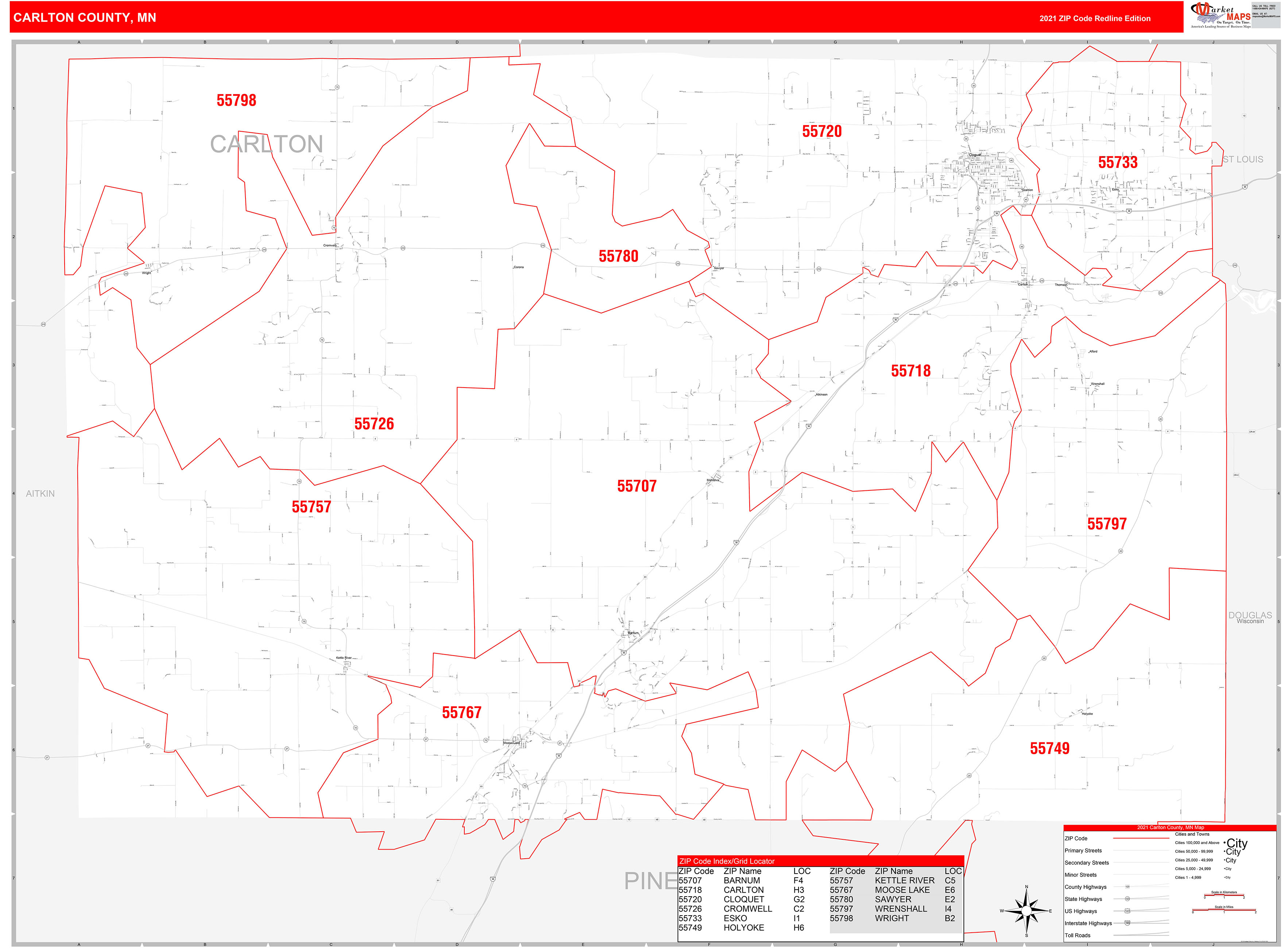 Carlton County, MN Zip Code Wall Map Red Line Style by MarketMAPS