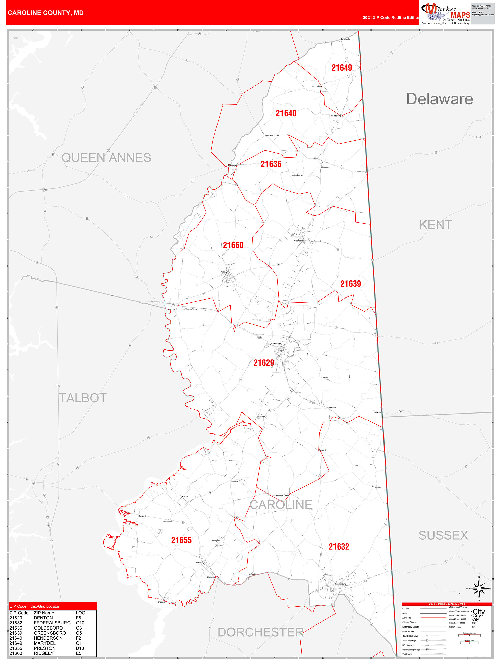 Caroline County, MD Zip Code Wall Map Red Line Style by MarketMAPS