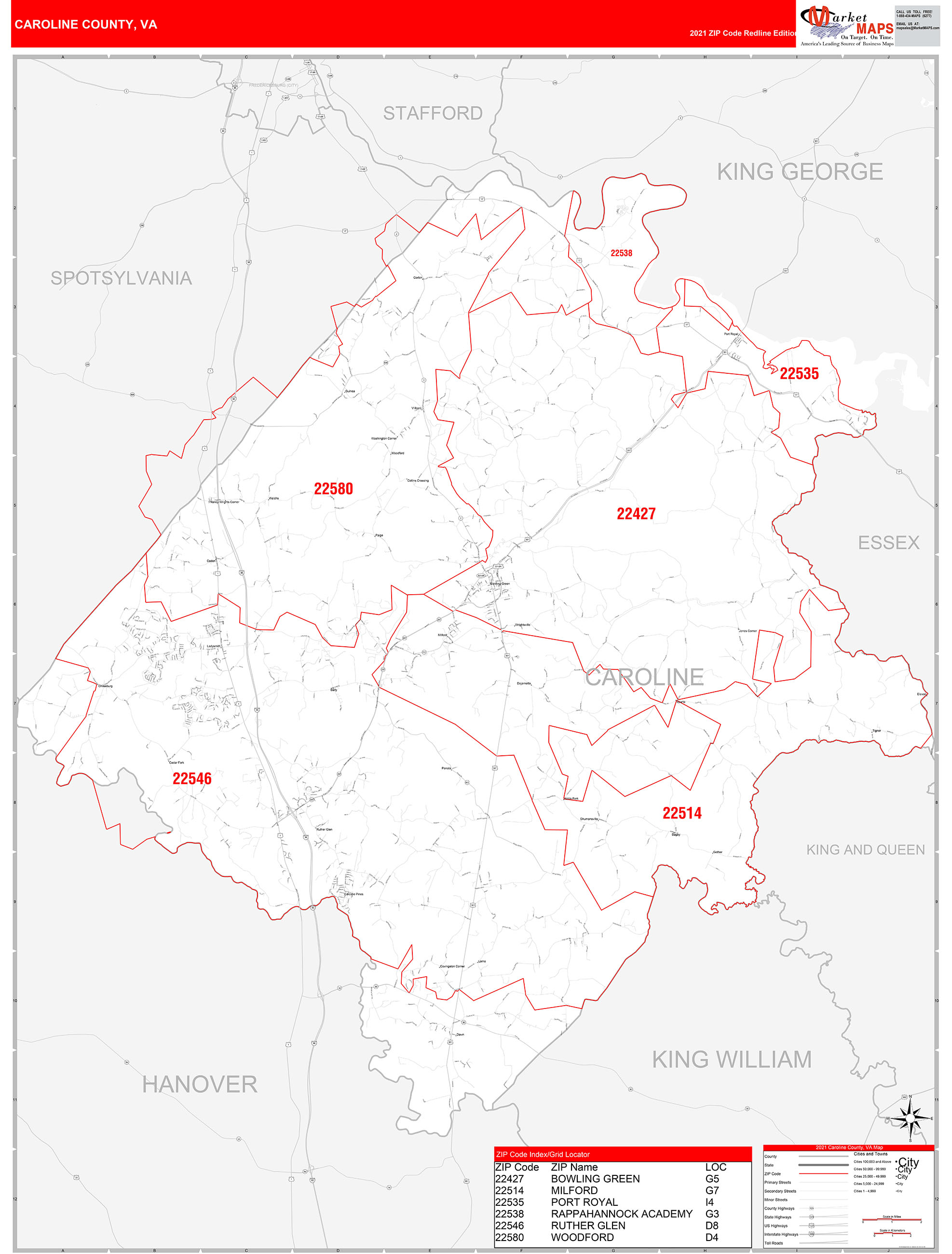 Caroline County, VA Zip Code Wall Map Red Line Style by MarketMAPS