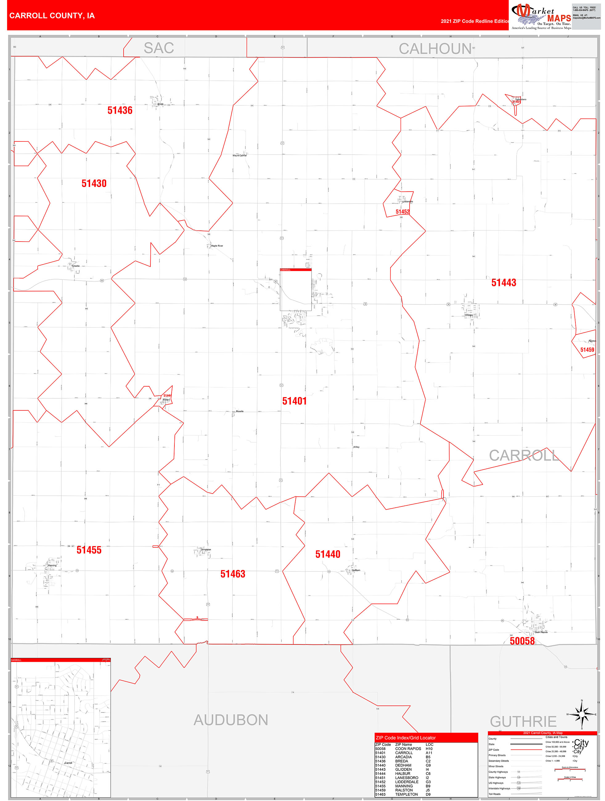 Carroll County, IA Zip Code Wall Map Red Line Style by MarketMAPS