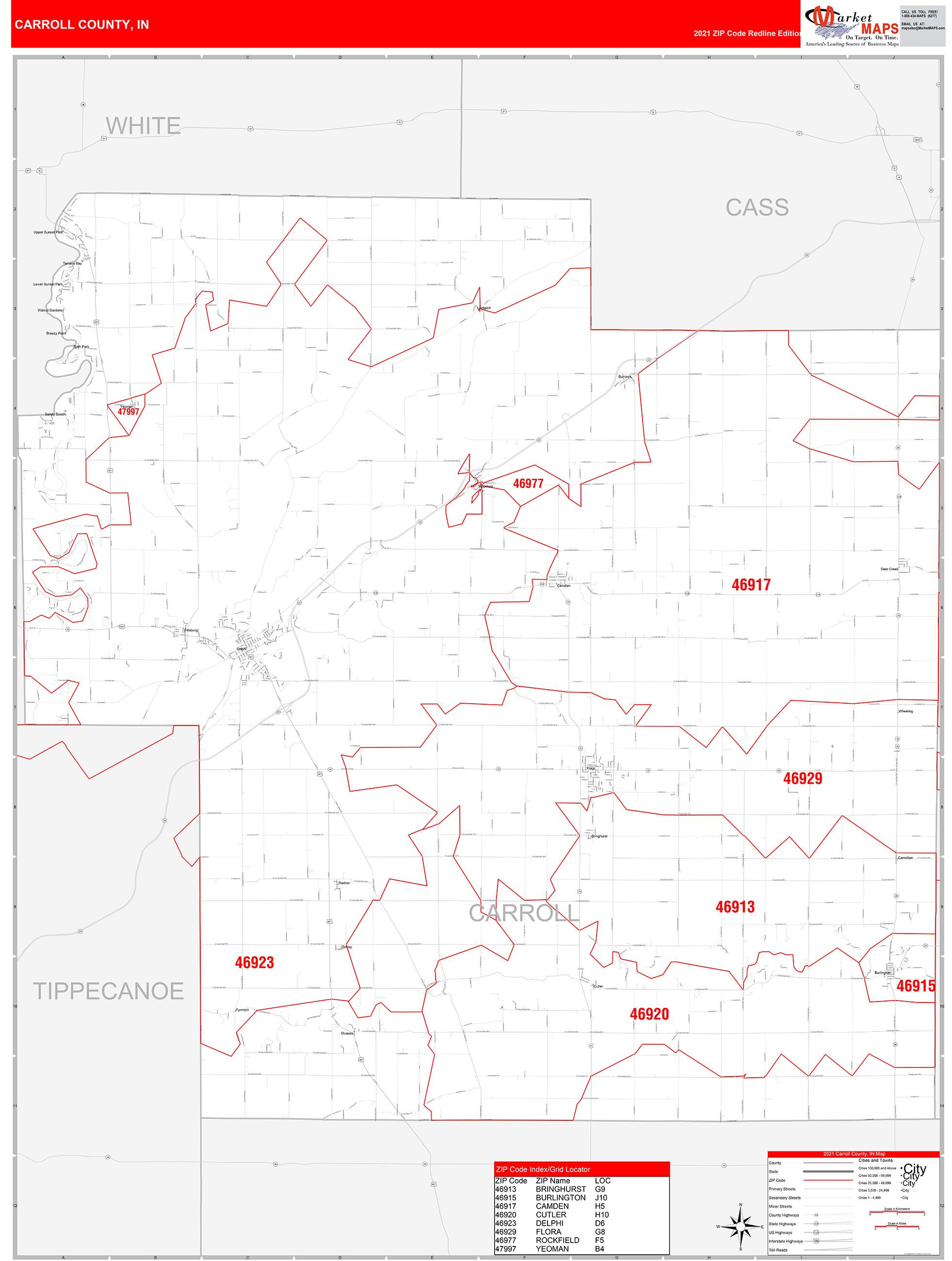 Carroll County, IN Zip Code Wall Map Red Line Style by MarketMAPS