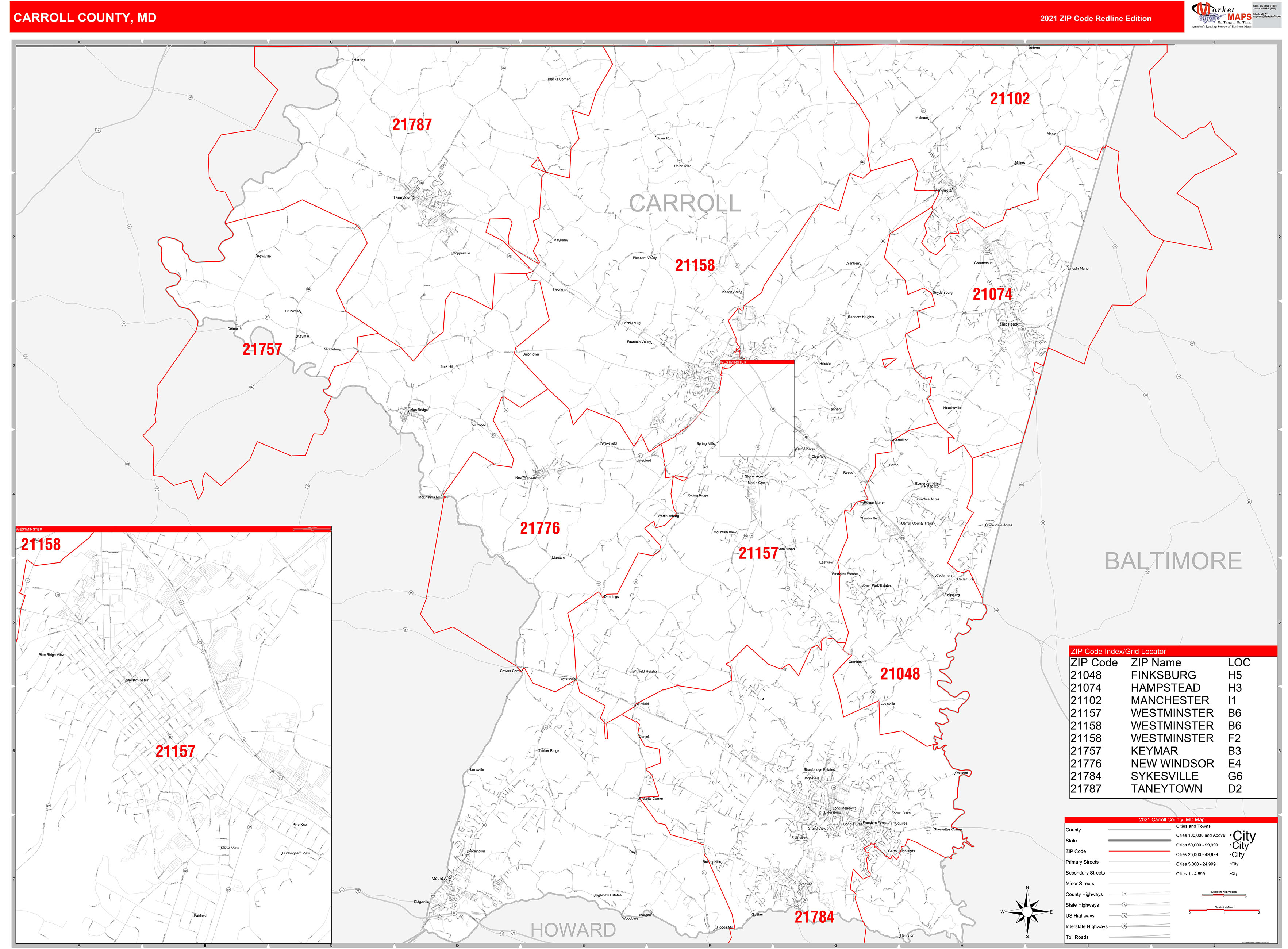 Carroll County Md Zip Code Wall Map Red Line Style By Marketmaps