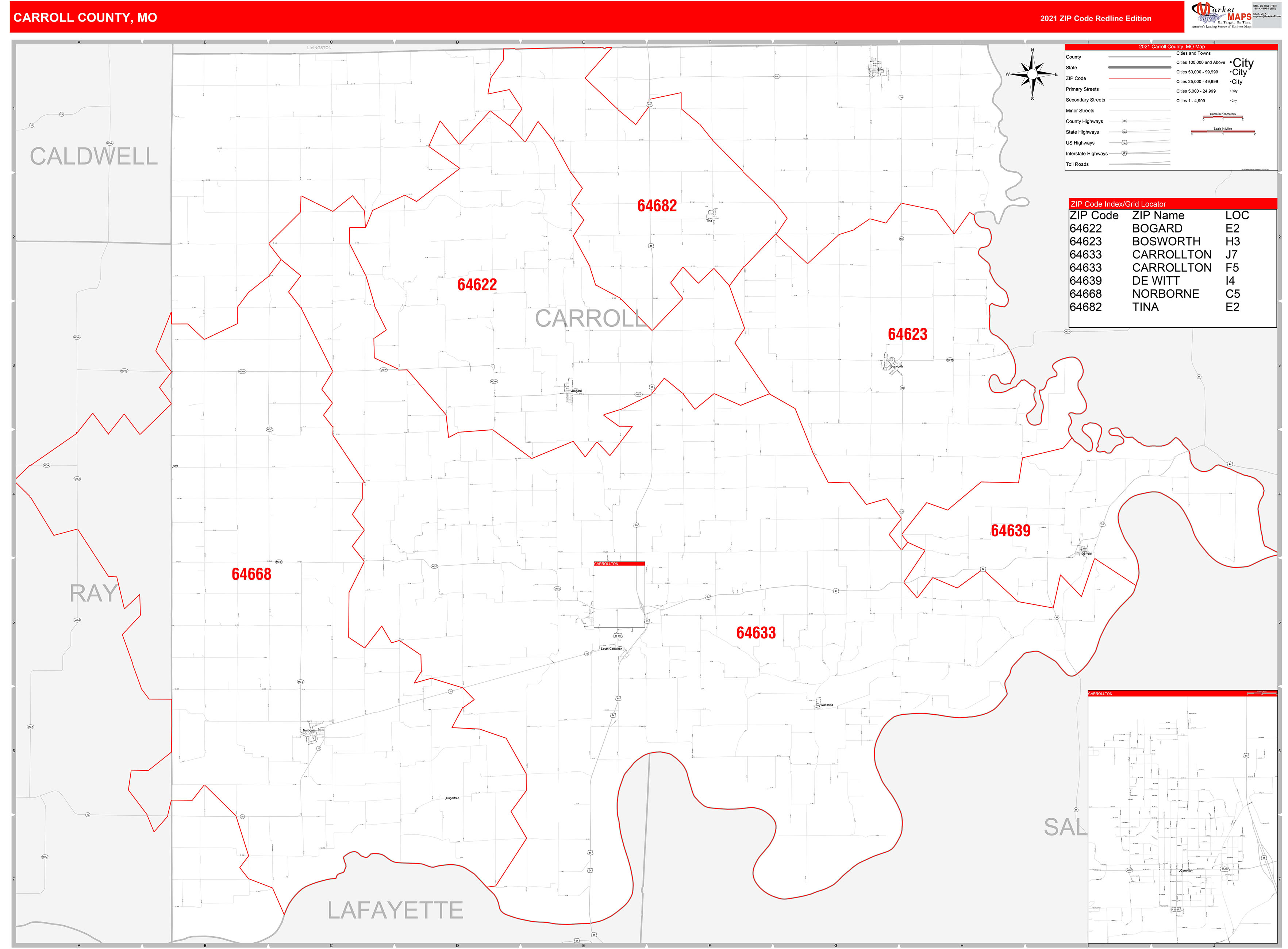 Carroll County, MO Zip Code Wall Map Red Line Style by MarketMAPS