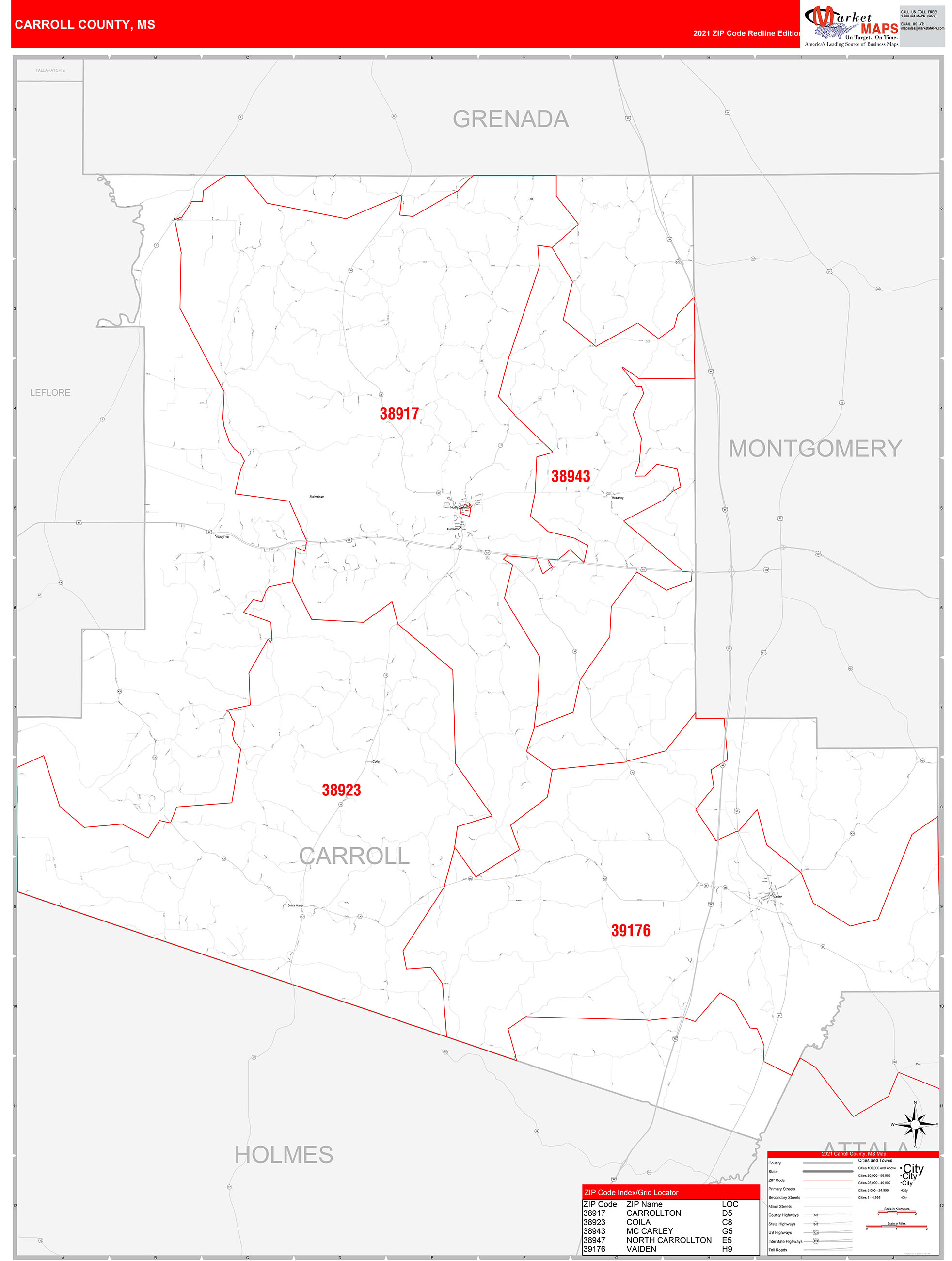 Carroll County, MS Zip Code Wall Map Red Line Style by MarketMAPS ...