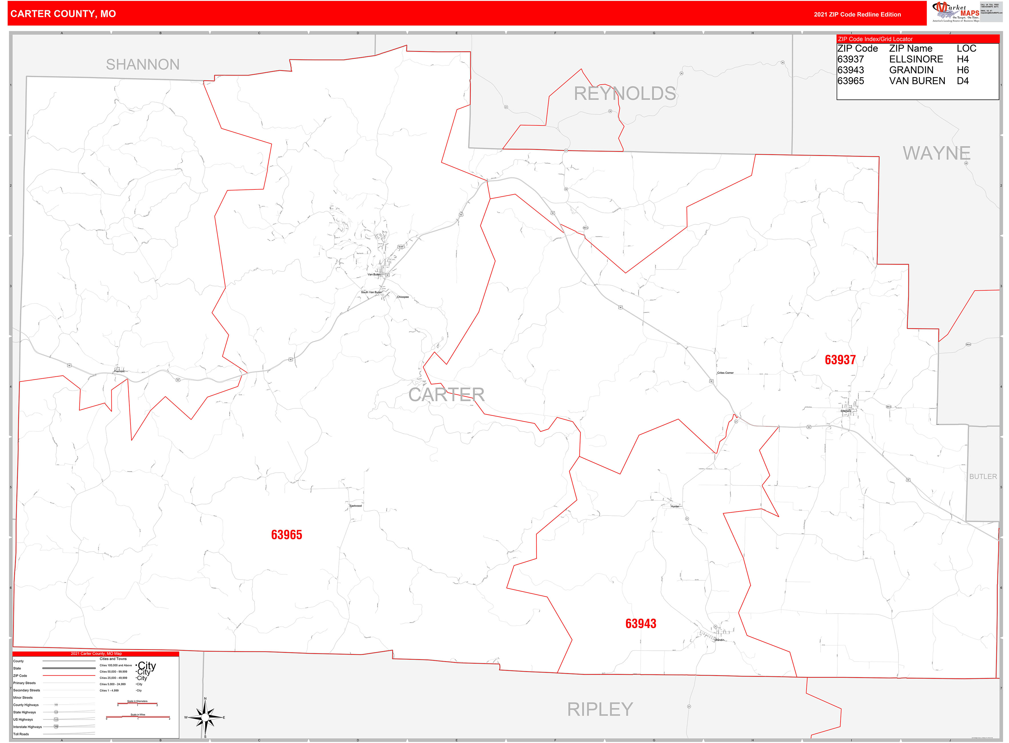 Carter County, MO Zip Code Wall Map Red Line Style by MarketMAPS